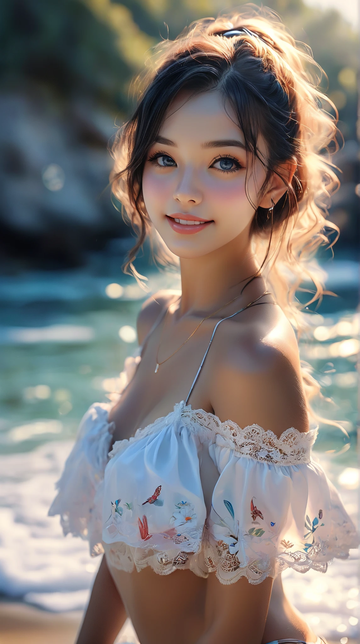 (best quality,4k,8k,highres,masterpiece:1.2), ultra-detailed, realistic, photorealistic:1.37, beautiful detailed eyes, beautiful detailed lips, joyful expression, extremely detailed face, long eyelashes, intimate view, slender, soft lighting, vibrant colors, sensual atmosphere, intimate moment, timid expression, perky, ponytail hairstyle, black hair, blue eyes, flawless skin texture, gentle breeze, slight smile, oversized t-shirt, on a beach, sunset
