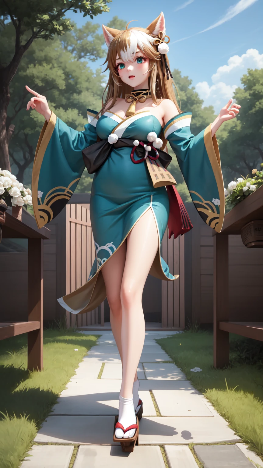  masterpiece,  better quality, De alta calidad,  full body hair drill,  outdoor,  looking at the spectator, 1 girl,  dynamic pose , hina-fi ,  Bicolor Hair ,  Japanese clothing , Green Kimono, cola,  Bare shoulders ,