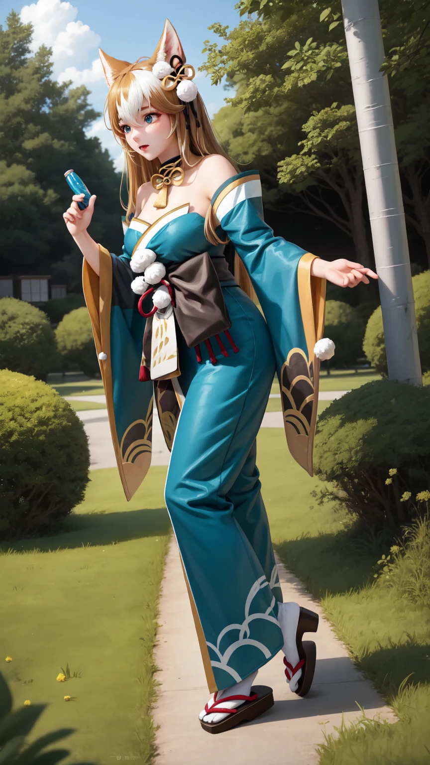  masterpiece,  better quality, De alta calidad,  full body hair drill,  outdoor,  looking at the spectator, 1 girl,  dynamic pose , hina-fi ,  Bicolor Hair ,  Japanese clothing , Green Kimono, cola,  Bare shoulders ,