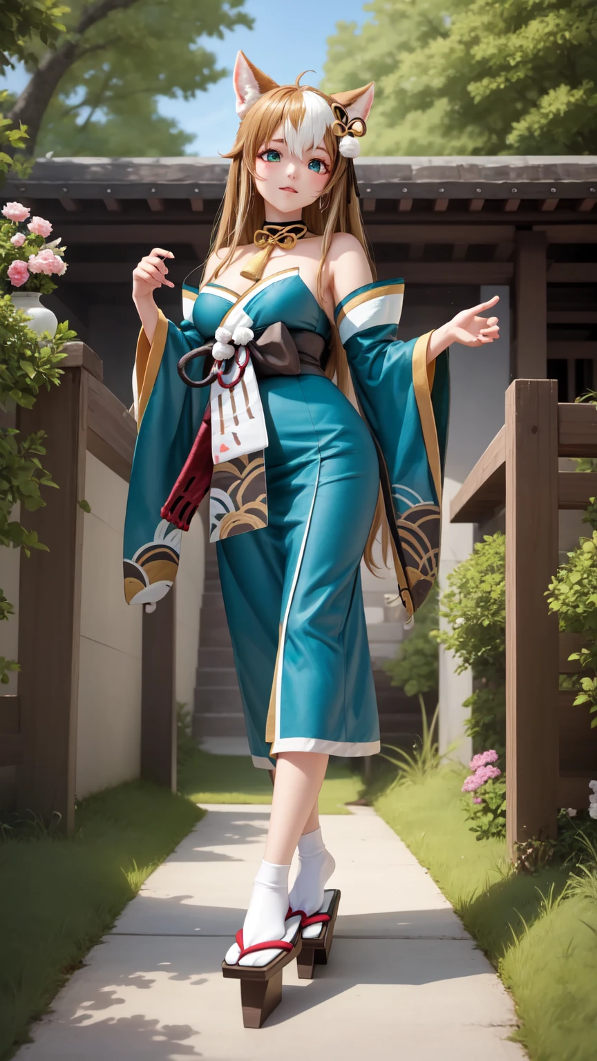  masterpiece,  better quality, De alta calidad,  full body hair drill,  outdoor,  looking at the spectator, 1 girl,  dynamic pose , hina-fi ,  Bicolor Hair ,  Japanese clothing , Green Kimono, cola,  Bare shoulders ,