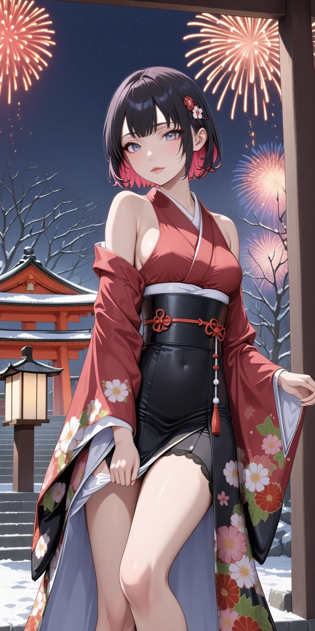 score_9, score_8_up, score_9_up, source_anime, ellenjoe, night, passionless, closed mouth, ellen joe, black hair,  sexy body, colored inner hair, multicolored hair, grey eyes, red hair, short hair,  two-tone hair, night, new year japanese temple, new year fireworks, morning, nostalgic face, elegant red kimono, long kimono, half open kimono, camelia printing in the kimono, pink obi, uncovered shoulders, winter,  winter dress, long skirt, lace collar, lace, sexy body,  small breasts, two-tone hair,  looking at viewer, beautiful eyes, sexy legs, solo, fantasy world, night, beautiful eyes