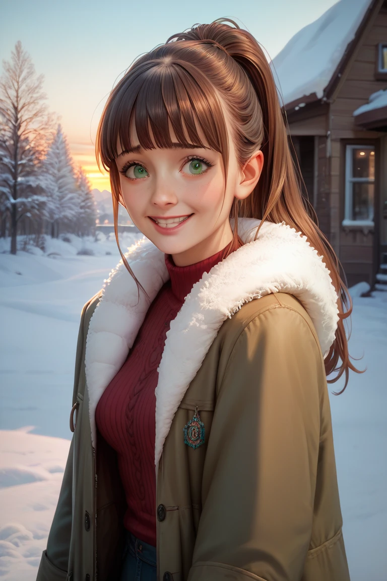 
A teen girl watching the sunrise wearing a coat in winter, green eyes, long hair with a fringe in a ponytail, detailed nervous face, smile, shy girl, normal breasts, detailed beautiful body, thin body, at the top of a coast ceremony, 