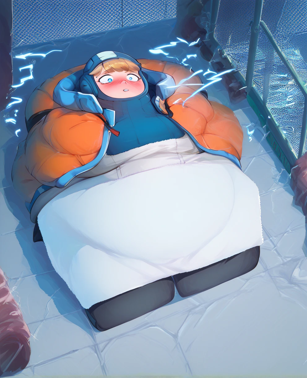 score_9,score_8_up,score_7_up,score_6_up,
wattsonxl,blue eyes,skin cap,
looking at viewer,
turtleneck,head cap,white Jumpsuit,orange jacket,
cyberpunk,electricity,electric fence, obese, shocked, blush , on back, paper thin, flattened girl, flattened, on floor, lying on floor, roll press, factory, rollers,(towel body:1.3),
