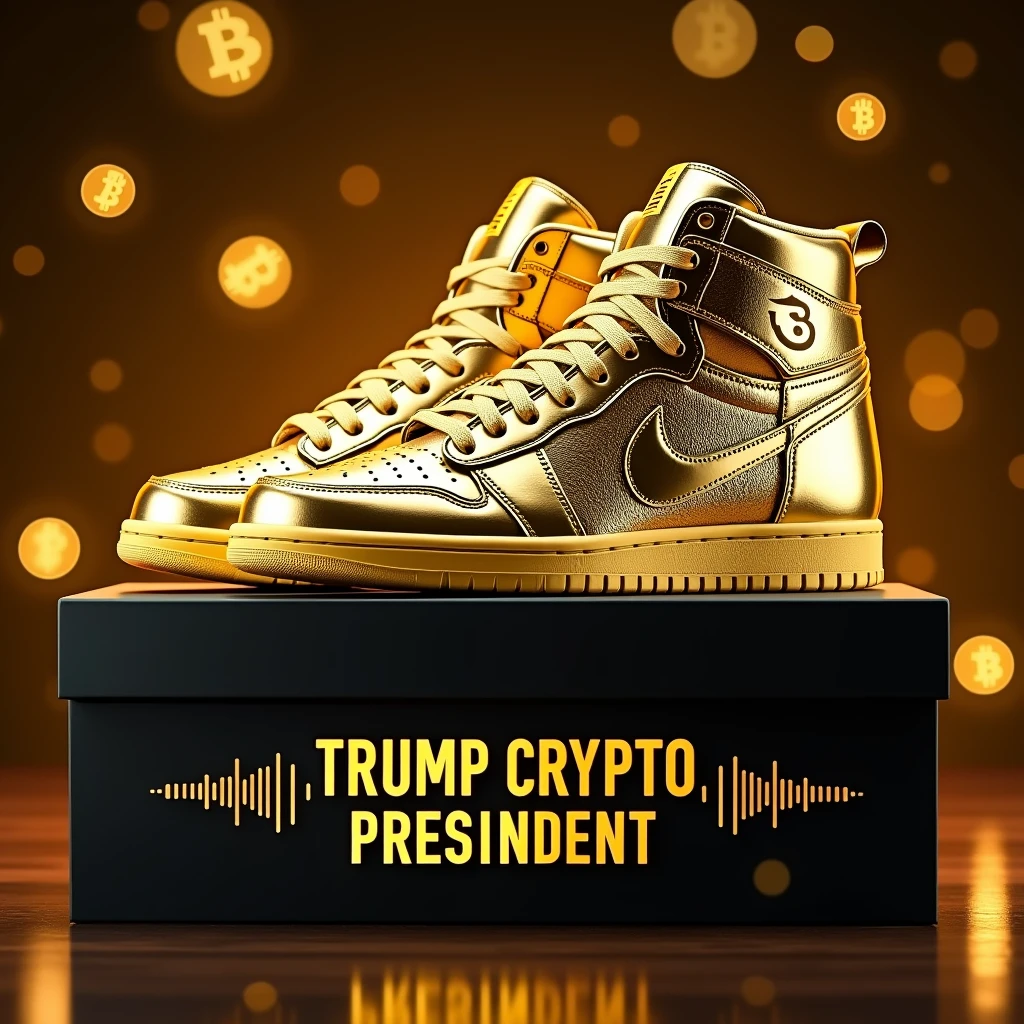 A pair of vibrant gold high-top sneakers with a glossy metallic finish, featuring a bold white Bitcoin logo on the outer side panels. The shoes include an American flag emblem near the top of the , and the words " CRYPTO PRESIDENT" printed in sleek black text beneath the Bitcoin logo. The sneakers are positioned on a sleek black shoebox with golden lettering displaying " CRYPTO PRESIDENT" alongside a soundwave pattern. The background has a warm, digital aesthetic with golden Bitcoin icons and cryptographic numbers softly glowing, creating a futuristic and luxurious feel. The lighting emphasizes the reflective textures of the shoes, casting subtle shadows, and enhancing depth. High resolution, sharp details, with a professional, polished look.