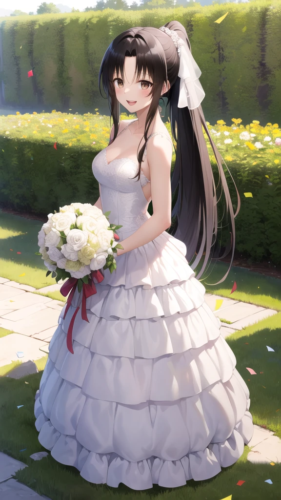 masterpiece, best quality, highres, 1girl, solo, long hair, black hair, ponytail, parted bangs, brown eyes, wedding Dress, standing, garden, confetti, holding bouquet, smile, open mouth,