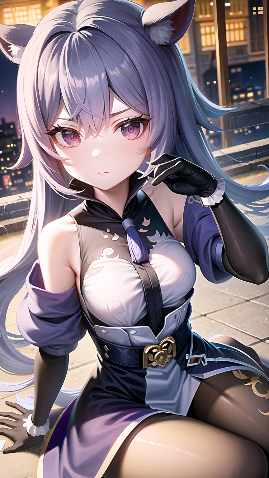 Kilo，One person girl，Sitting pose，Plump，City night view，Genshin Style，Ayaka Kamisato version, Vibrant colors, Highest quality, Super detailed, Absurd, masterpiece、Knee-high socks、garter belt、Long gloves、Costumes with shoulders out、Sleeveless outfit、kimono