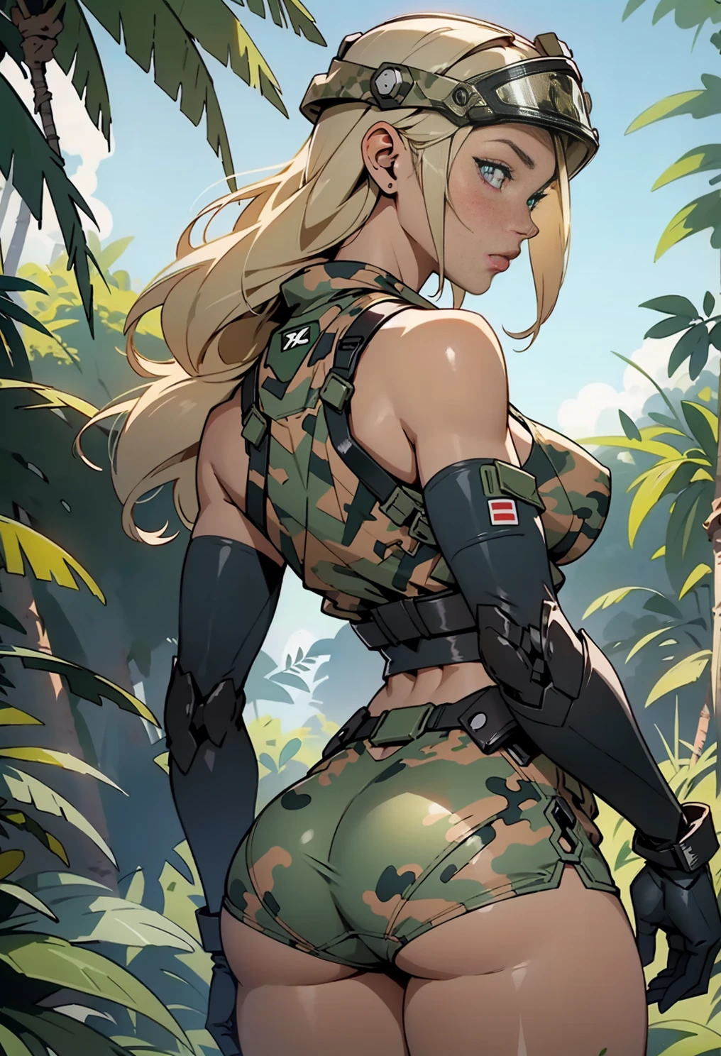 1woman 20 years old, max resolution, sculpted, military, wearing a soldier helmet, beautiful, perfect body, blonde hair, blue eyes, perfect body, thin waist, wide hips, large breasts, slim thighs, jungle background, armored vehicle, military robot, camouflaged uniform, tight panties, two-piece, highly detailed, high resolution, perfect hands, rear view, camo, from behind, bare shoulders