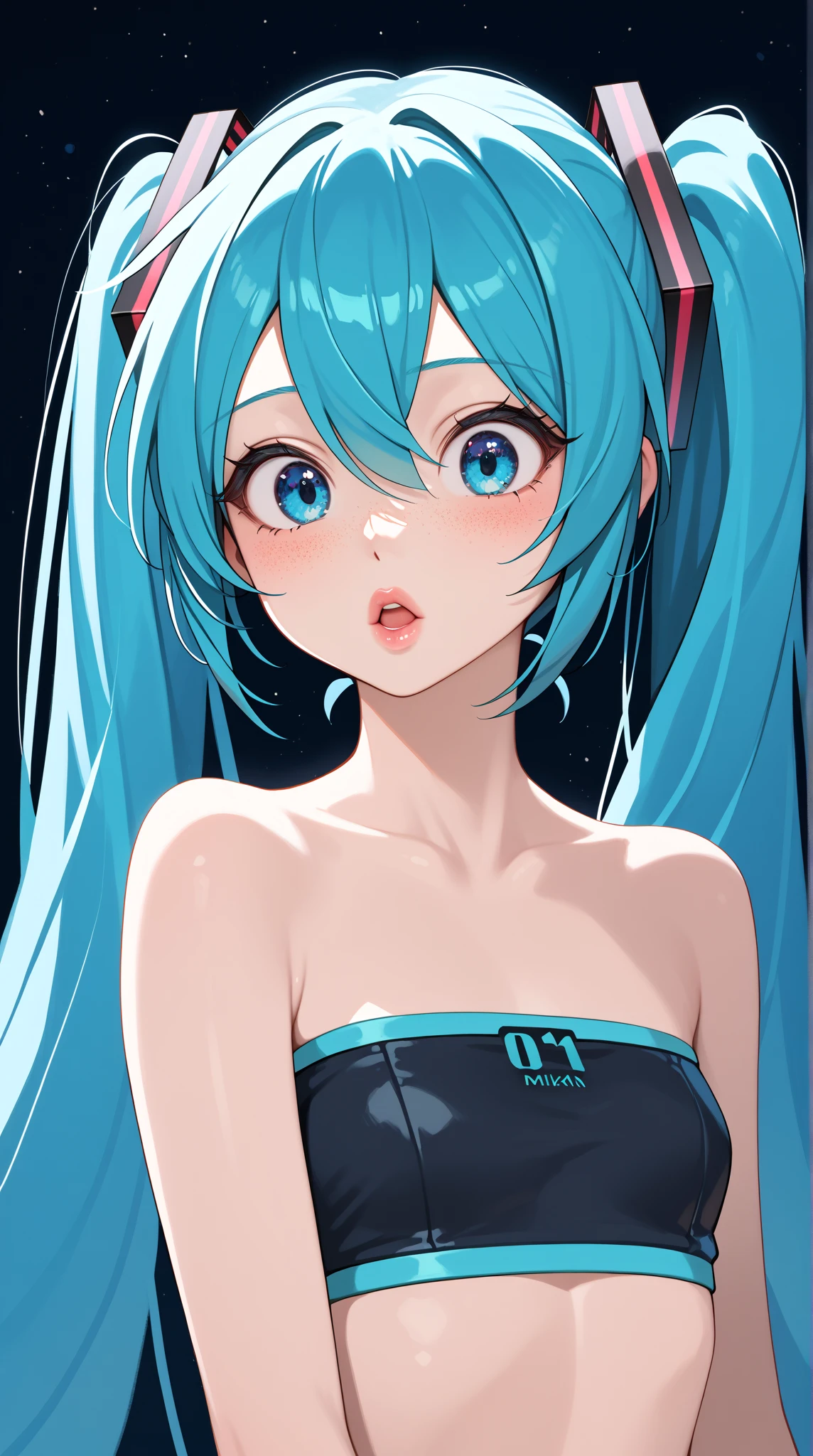 (masterpiece, highres, high resolution:1.2), anime 20 yo girl, hatsune miku from vocaloid, blue hair, blue eyes, portrait, shoulders up, illustration. drawn, blushing, solo, surprised, freckles, big lips, small breasts, perfect body, wearing a tube top, no hands.