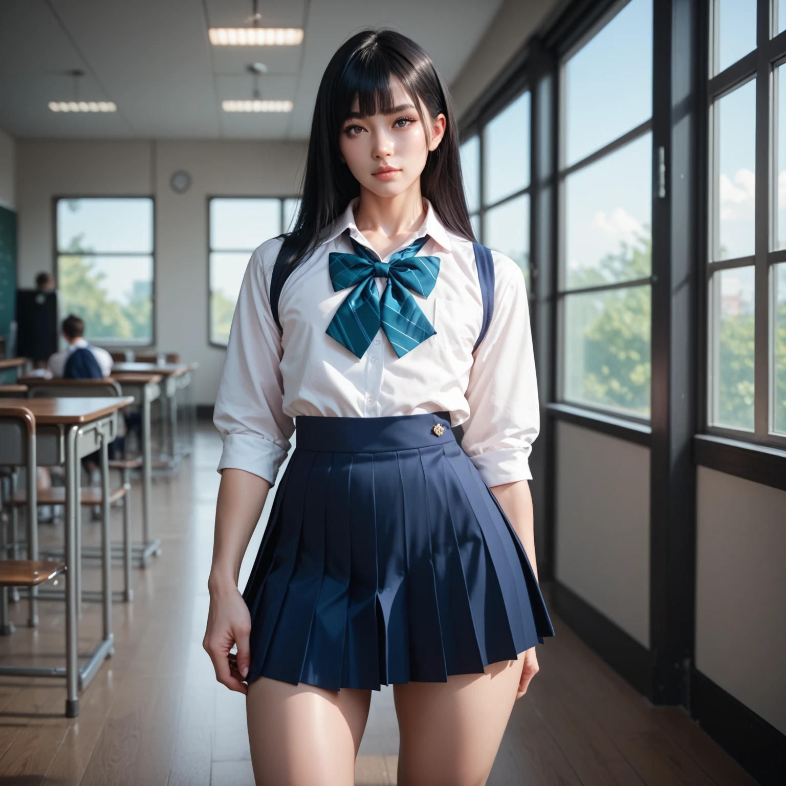  femboy, trap,  one boy , Male physique,  tall ,   facing the front,  standing,  good style ,curvilinear,  skirt,  Beautiful Faces ,Rin々 with dark eyes, Long black hair,   Wide Hips,  high school girl uniform 