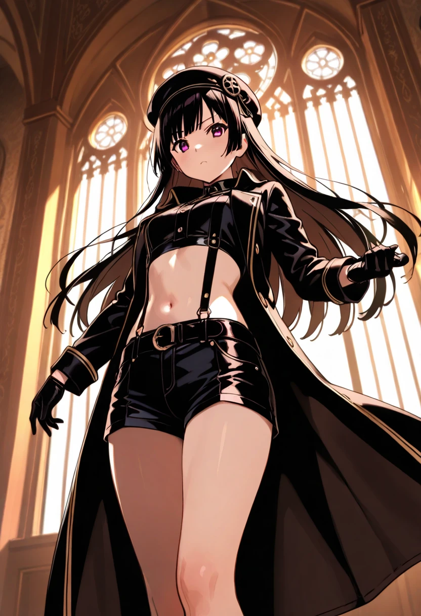 A highly detailed and high resolution image of "Mio Akiyama" [from L-On]; A dark haired pretty young girl with long hair; cute, dressed in a goth steampunk outfit with a black coat, black cropped top, a belt, black hot pants (shorts), white suspenders, black gloves, black beret; she has a serious look on her face as smoky blue magic swirls in her hand as the vortices and energy flow around and spill forth to the surroundings; she is standing in a steampunk factory with wheels, levers, cogs and steam; BREAK: quality\(8k,wallpaper of extremely detailed CG unit, high resolution, top-quality, top-quality real texture skin, hyper realistic, increase the resolution, RAW photos, best quality, highly detailed, the wallpaper, golden ratio, high saturation realism, vibrant colors, dramatic lighting, persuasive storytelling, atmospheric scenery, captivating visuals, intricate details, strong emotions, dreamlike world\),(dynamic angle:1.4)