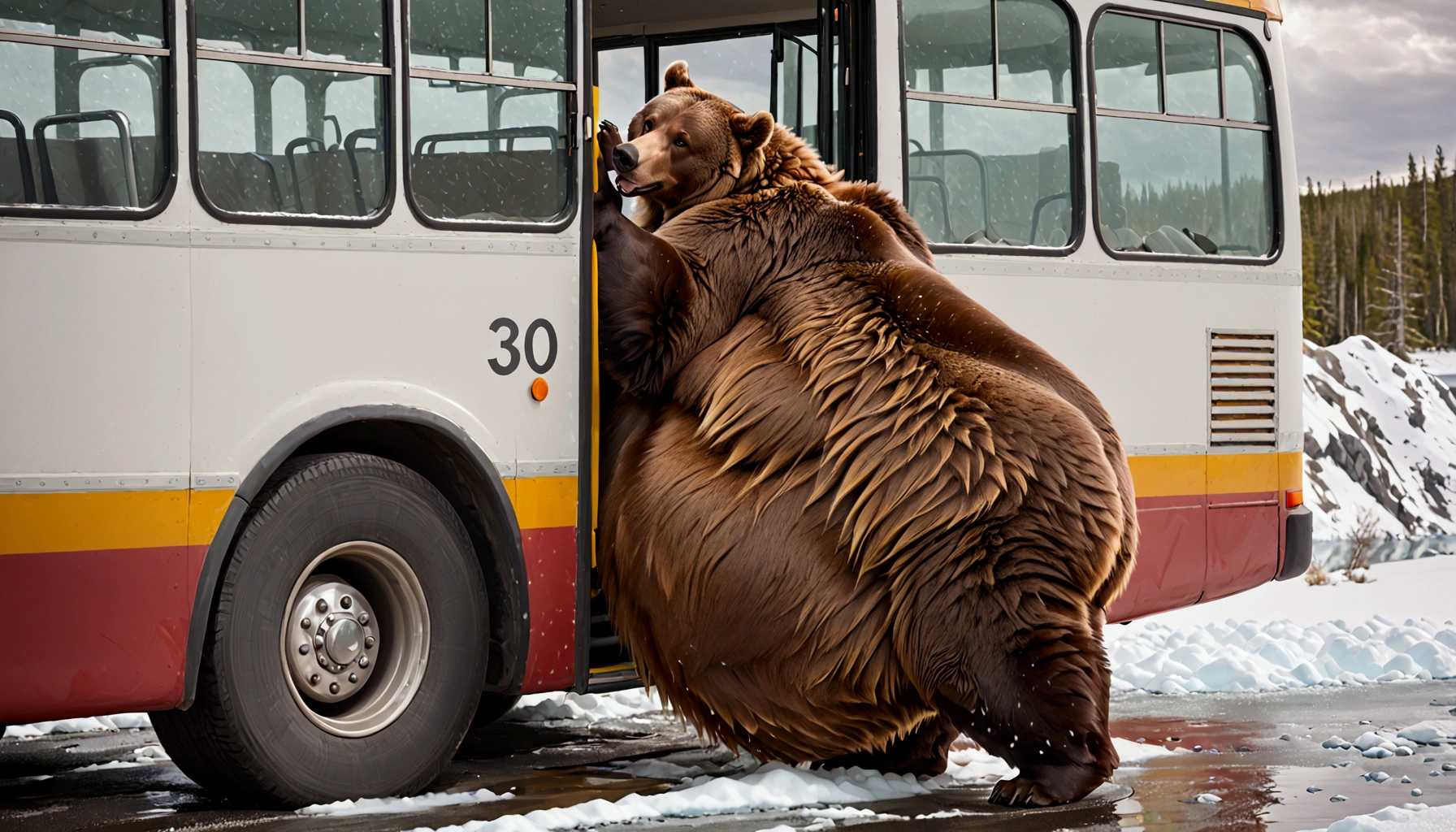 A massive grizzly bear with an unbelievably extremely massive belly, so heavy it drags along the ground, struggles to fit through the narrow doorway of a bus. Its belly presses tightly against the edges of the frame, bulging slightly as it slowly pushes forward, causing the bus to creak under the strain. The bear's fur brushes against the door as it inches through, its sheer size making the task difficult but not impossible, creating a tense yet humorous moment.