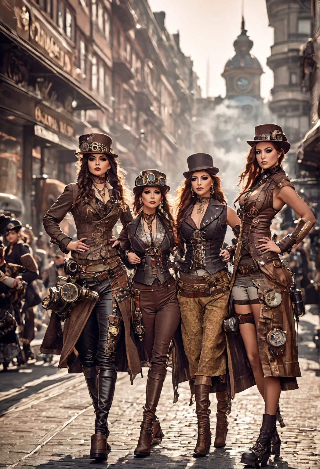 London street in the late 1800s, but with a steampunk twist. Think towering clockwork buildings with smokestacks puffing out steam, gaslight lamps casting an orange glow, and airships gliding silently overhead. Cobblestones slick with rain reflect the gaslight and bustling activity. Character: A beautiful woman with an air of confidence and purpose. Describe her distinct features and steampunk attire. Here are some options: Crimson hair cascading down her shoulders, adorned with gears and a miniature brass monocle perched on one eye. Dressed in a long, flowing coat of worn leather, accented with polished brass buckles and intricate clockwork patterns woven into the fabric. Goggles rest on her forehead, and sturdy riding boots with built-in steam pistons propel her bicycle