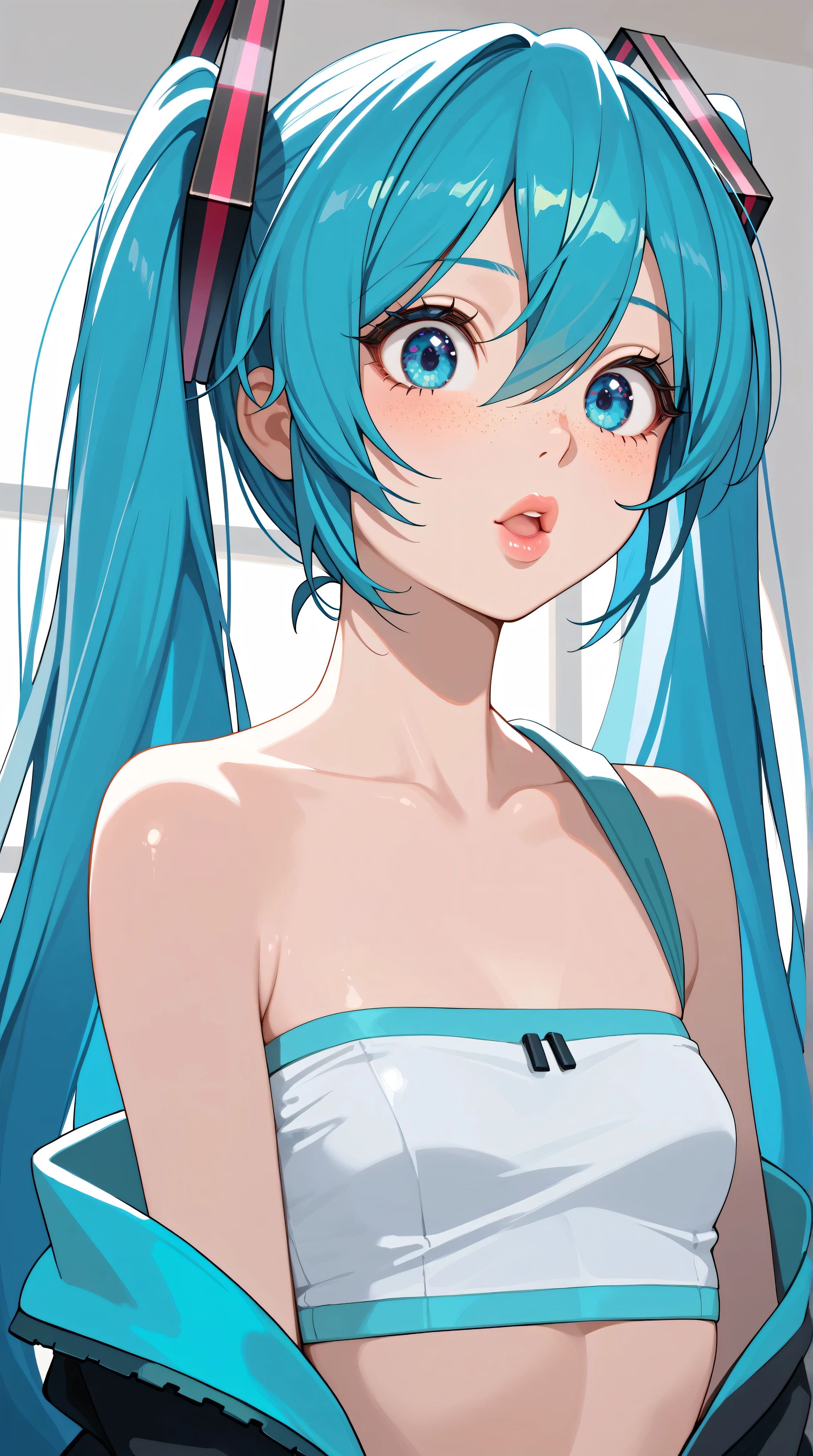 (masterpiece, highres, high resolution:1.2), anime 20 yo girl, hatsune miku from vocaloid, blue hair, blue eyes, portrait, shoulders up, illustration. drawn, blushing, solo, surprised, freckles, big lips, small breasts, perfect body, wearing a tube top, no hands.