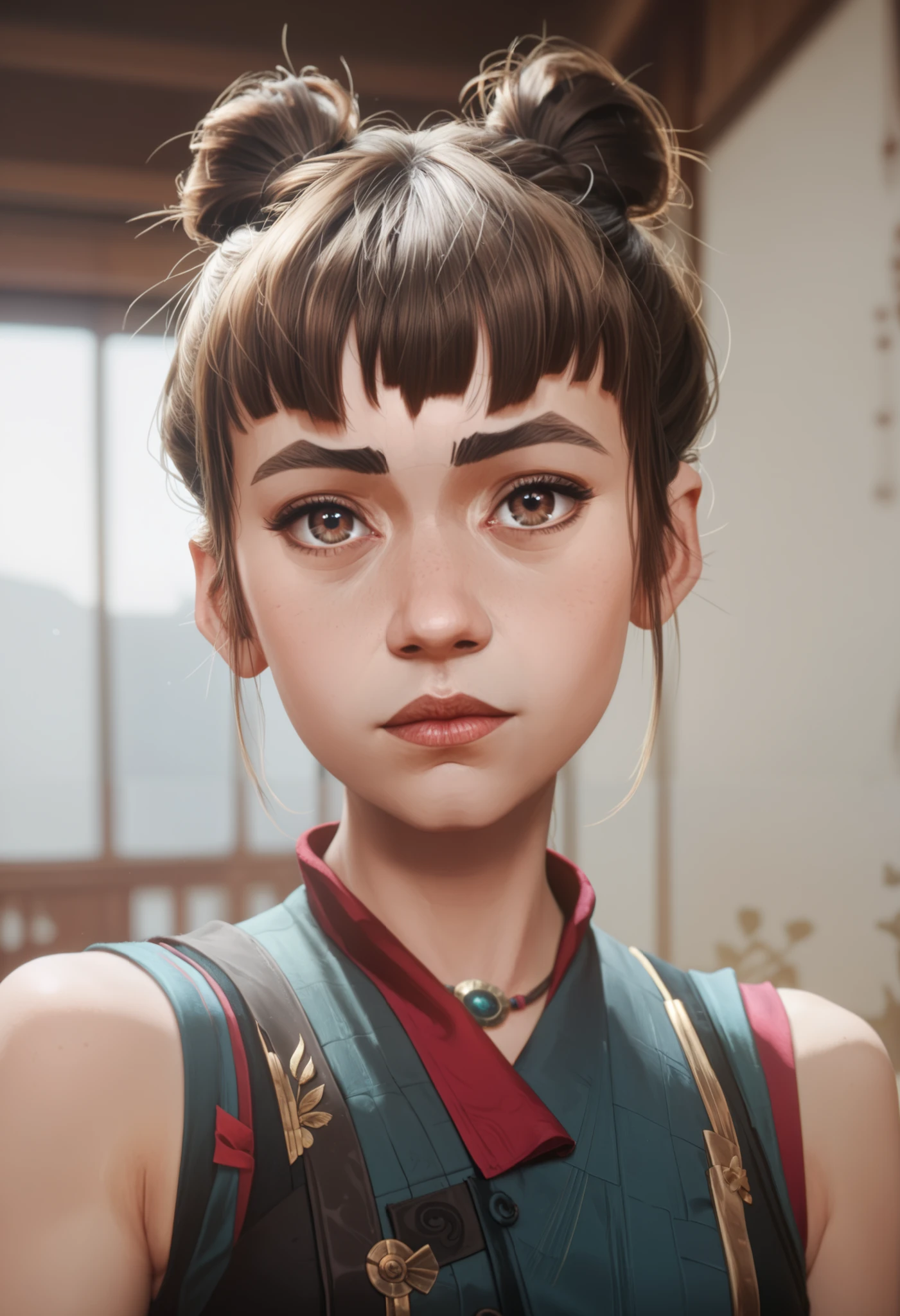 PowderAltOutfit1, bangs, brown hair, brown eyes, bare shoulders, hair buns, short hair,