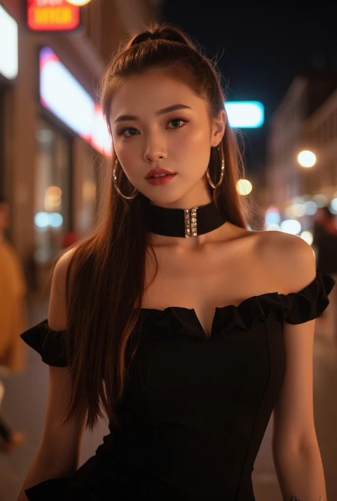 jennie1, a woman, (realistic), (hyperrealism), (photorealistic), depth of field, eye makeup:0.5, (upper body:1.2), (narrow waist), looking at the viewer, black dress, walking, at the dark streets, moonrise, <lora:httpjennie:0.45>