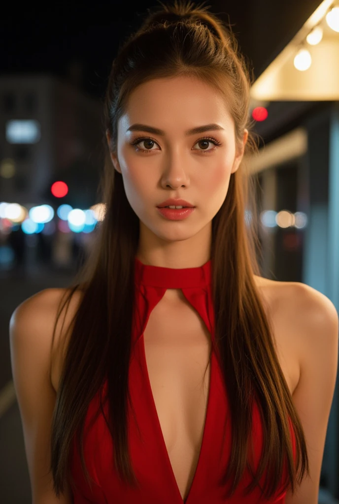 highest quality, 8K resolution, masterpiece, Professional photography, 40 year old beauty, Walk through the downtown area at night, (Elegant and stylish deep red see-through knit), Cleavage, Face close-up, (((View your viewers))), smile, Wrinkles around the eyes, Standing Elegantly, Plump and soft body, Elegant and beautiful hair, Shapely breasts, Perfect Makeup, Red lipstick, Elegant eyeshadow, Ultra-high resolution glossy skin