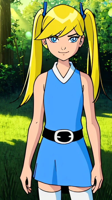 (1girl, solo, highly insanely detailed, masterpiece, top quality, best quality, highres, 4k, 8k, RAW photo),((innocent look)),((Childish)), symmetrical composition,smile,cute,Innocent,Kind eyes,Flat chest,ghibli style,forest, yamanaka_ino, hair ornament, earrings, hairclip, midriff, fishnets