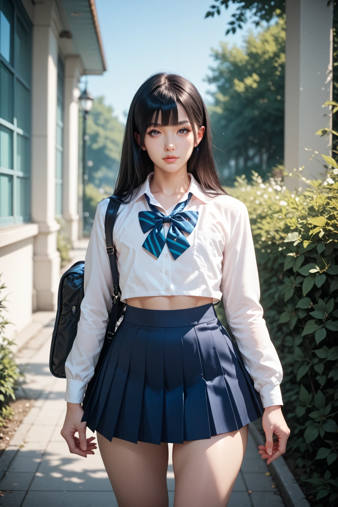  femboy, trap,  one boy , Male physique,  tall ,   facing the front,  standing,  good style ,curvilinear,  skirt,  Beautiful Faces ,Rin々 with dark eyes, Long black hair,   Wide Hips,  high school girl uniform 