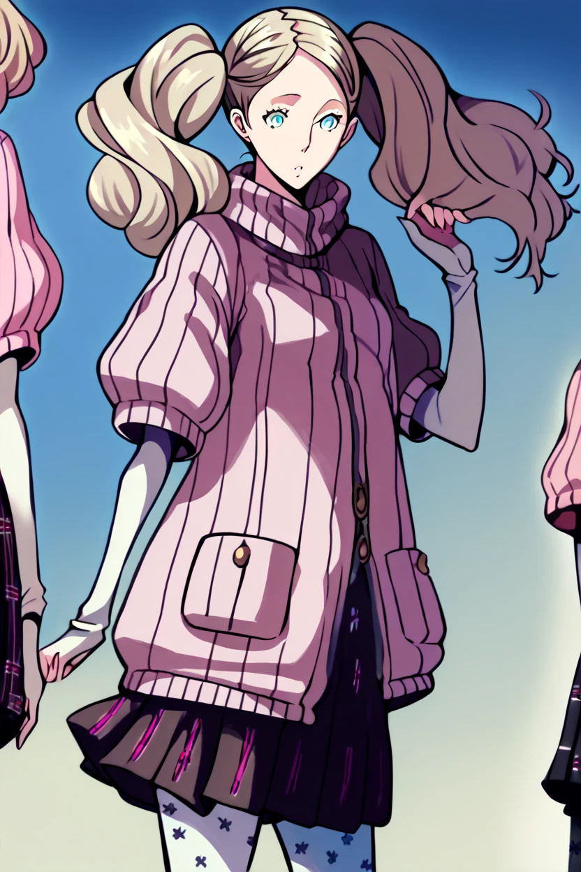 Ann Takamaki, twintails, blonde hair, blue eyes, pink ribbed sweater, turtleneck sweater, short over long sleeves, plaid skirt, pleated skirt, print pantyhose, mary janes, standing up straight