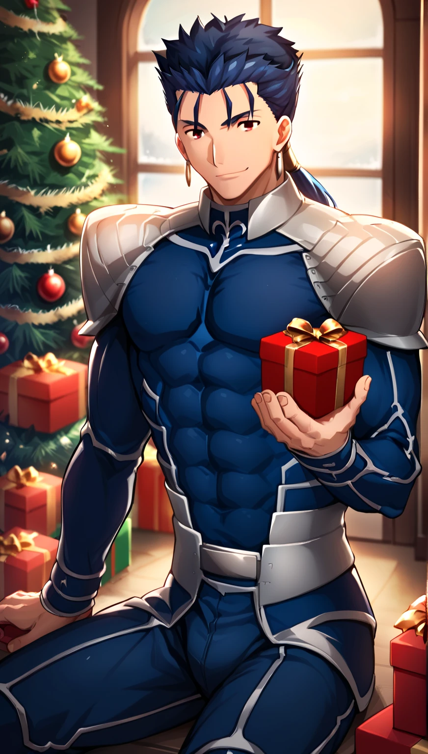 score_7_up,score_6_up,score_5_up,score_4_up,source_anime,lancer_fsn, blue-haired man, red eyes, with a ponytail at the nape of his neck, with a good, slightly muscular body fate/stay night, earrings and armor with a very cheerful flirtatious smile sitting holding a Christmas present.