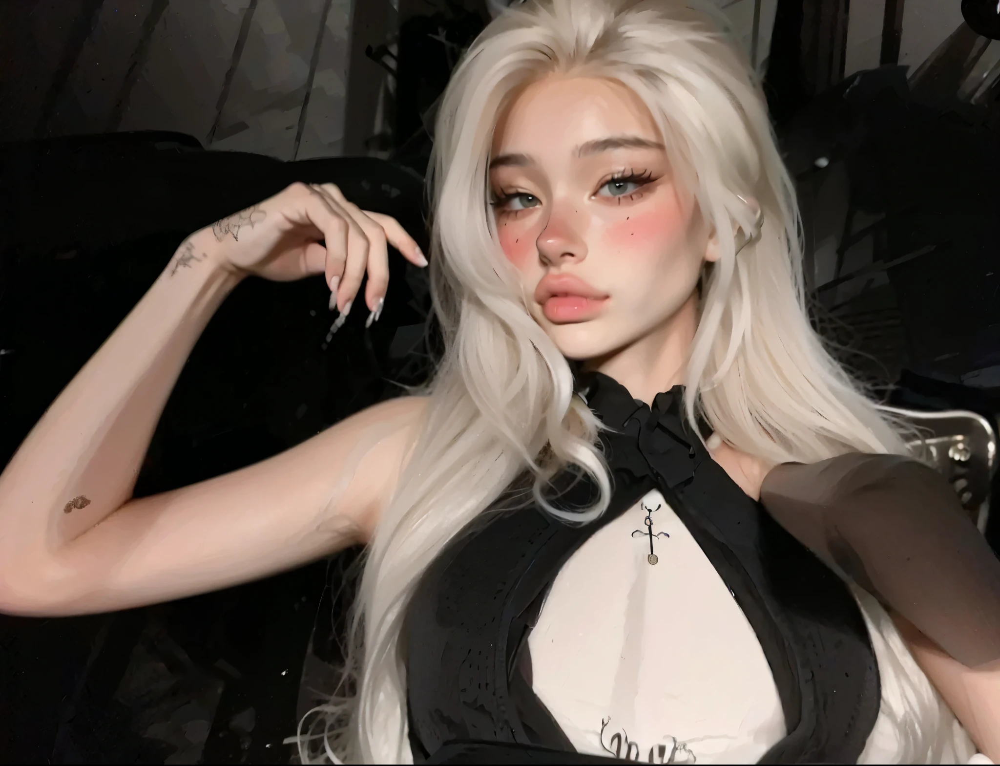 Lady with long white hair and black gloves posing in a bathroom., ava max, su cabello es blanco, chica perfecta de pelo blanco, soft devil queen cerveza madison, rubio platinoe hair, how much, cerveza madison, rubio platinoe, rubio platinoe long hair, rubio platino, mirada sexy, decolorar el cabello rubio, color de pelo blanco, chica con pelo blanco, Dua Lipa