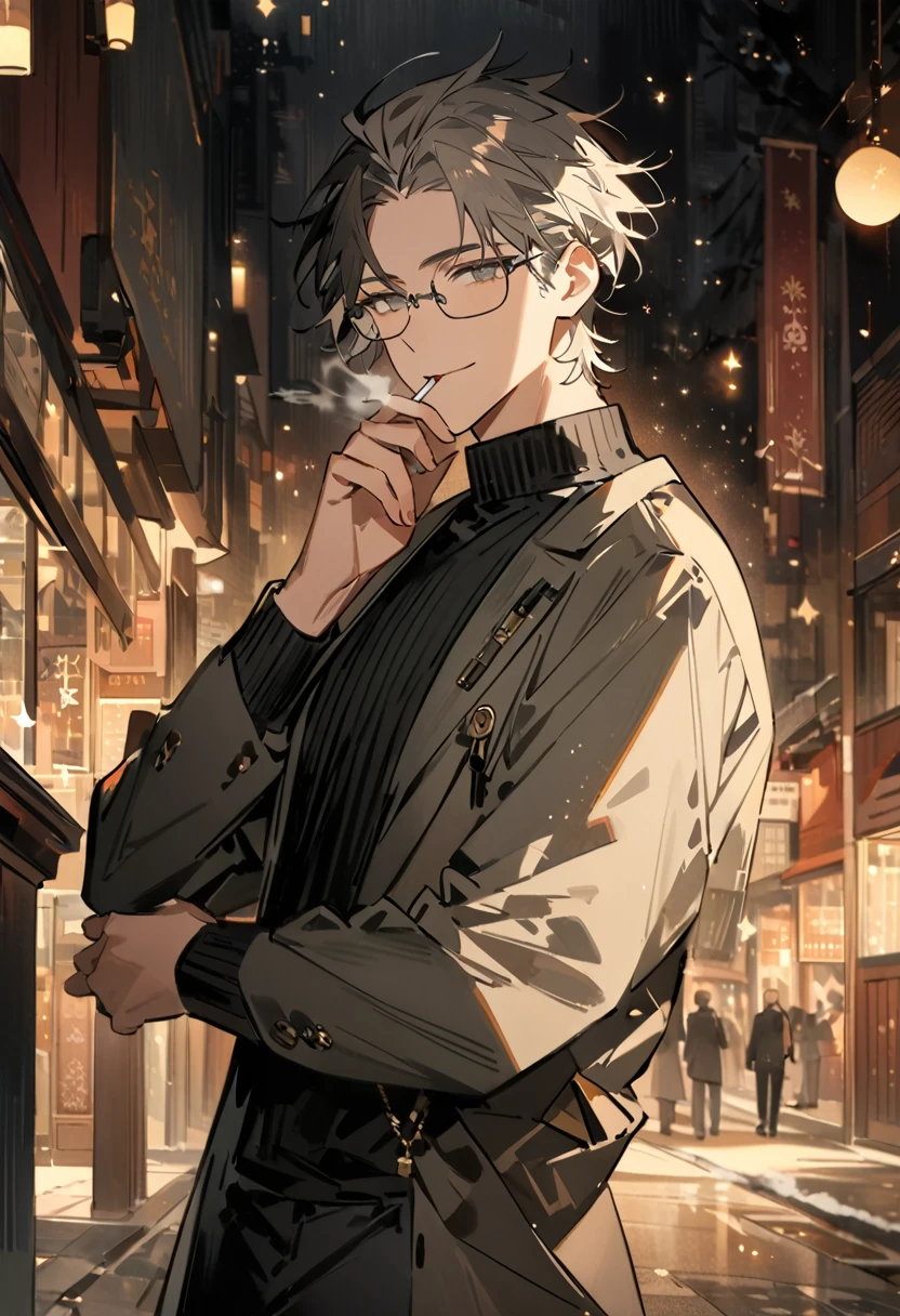 masterpiece, best quality, Detailed Eyes, score_9, score_8_up, score_7_up, source_anime, illustration,soothing tones, calm colors, soft cinematic light, exposure blend, faded, slate gray atmosphere, a 35 year old man, intelligence, tall, fit, black curly very short hair, half-slicked back hair, pixie cut, black eyes, dark circles, silver frame glasses, black polo-neck sweater, black long pants, black long coat, middle-aged man, wrinkles, smile, looking at the viewer, cup his chin, starshadowmagician, Artist: starshadowmagician, smoking, cigarette, christmas, glitter particles floating around, winter street, first-person view, blurry foreground