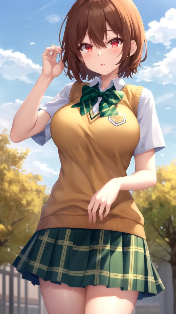 masterpiece, best quality, high quality, girl, solo, looking at viewer, keyaru_kaifuku_jutsushi, brown hair, red eyes, hair between eyes, large breasts, school uniform, green bowtie, white shirt, short sleeves, sweater vest, yellow vest, plaid skirt, green skirt, standing, cowboy shot, outdoors