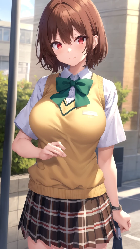 masterpiece, best quality, high quality, girl, solo, looking at viewer, keyaru_kaifuku_jutsushi, brown hair, red eyes, hair between eyes, large breasts, school uniform, green bowtie, white shirt, short sleeves, sweater vest, yellow vest, plaid skirt, green skirt, standing, cowboy shot, outdoors