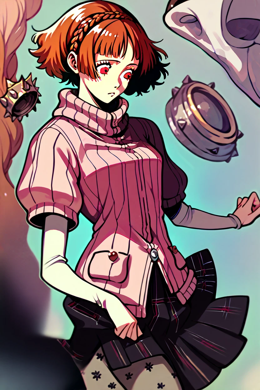 Makoto Niijima, crown braid, brown hair, red eyes, pink ribbed sweater, turtleneck sweater, short over long sleeves, plaid skirt, pleated skirt, print pantyhose, mary janes, standing up straihht