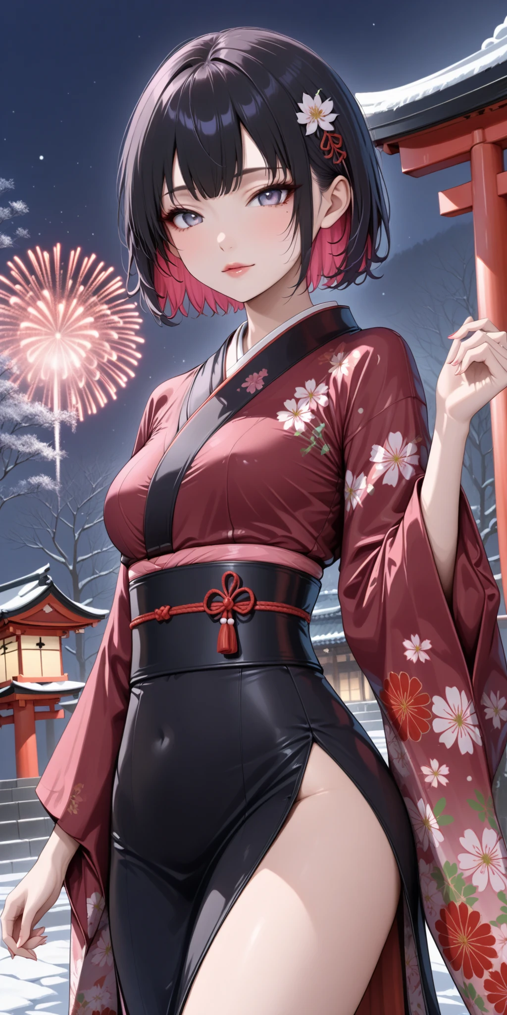 score_9, score_8_up, score_9_up, source_anime, ellenjoe, night, passionless, closed mouth, ellen joe, black hair,  sexy body, colored inner hair, multicolored hair, grey eyes, red hair, short hair,  two-tone hair, night, new year japanese temple, new year fireworks, morning, nostalgic face, elegant red kimono, long kimono, half open kimono, small breasts, kimono half open in the shoulders, red spider lily printing in the kimono, pink obi, winter,  winter dress, long skirt, lace collar, lace, sexy body,  small breasts, two-tone hair,  looking at viewer, beautiful eyes, solo, fantasy world, night, beautiful eyes