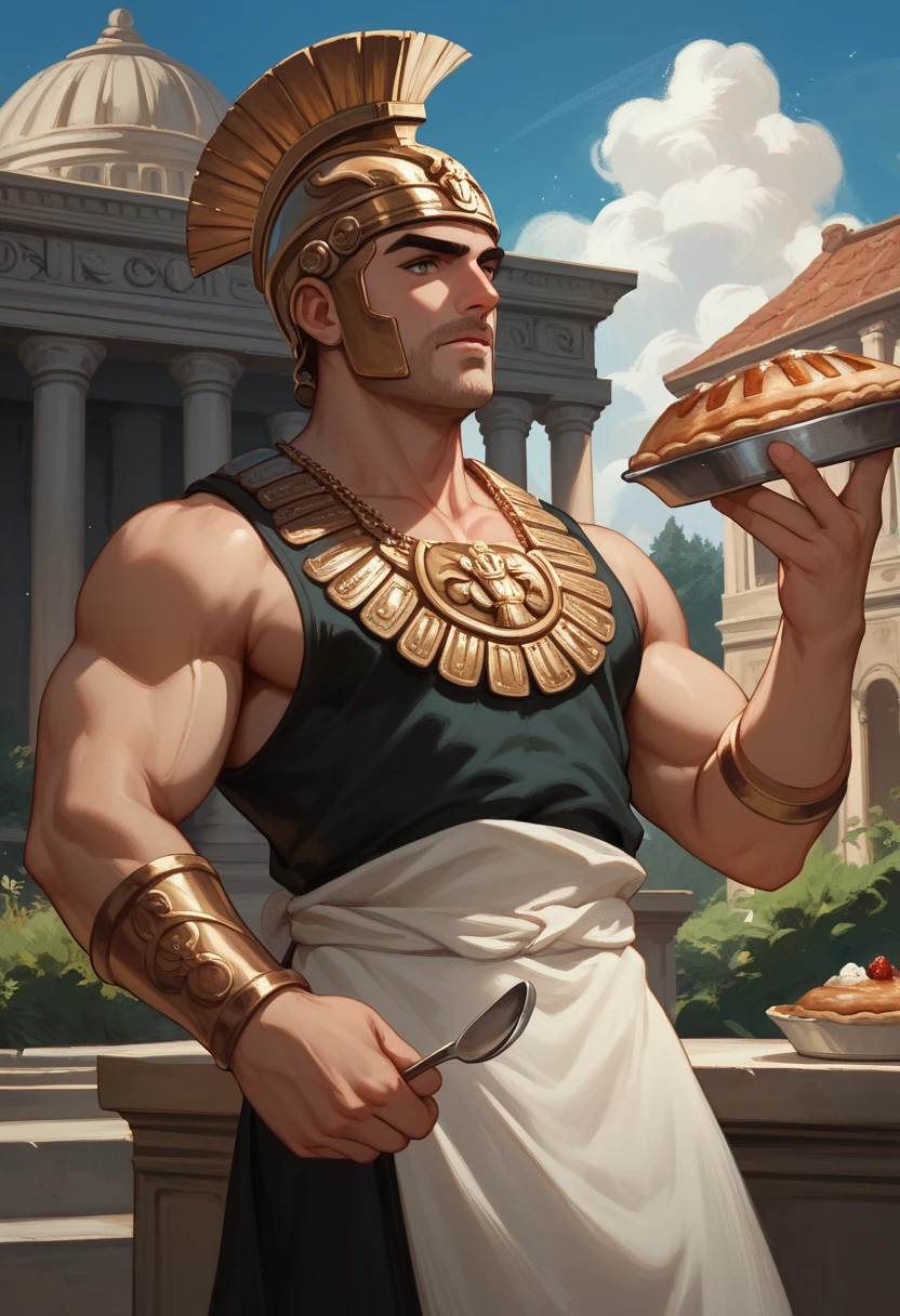 ancient greek style painting of an ancient greek hero, dressed like a greek hero (achilles) wearing a Corinthian helmet quickly cooking a pie in a rush