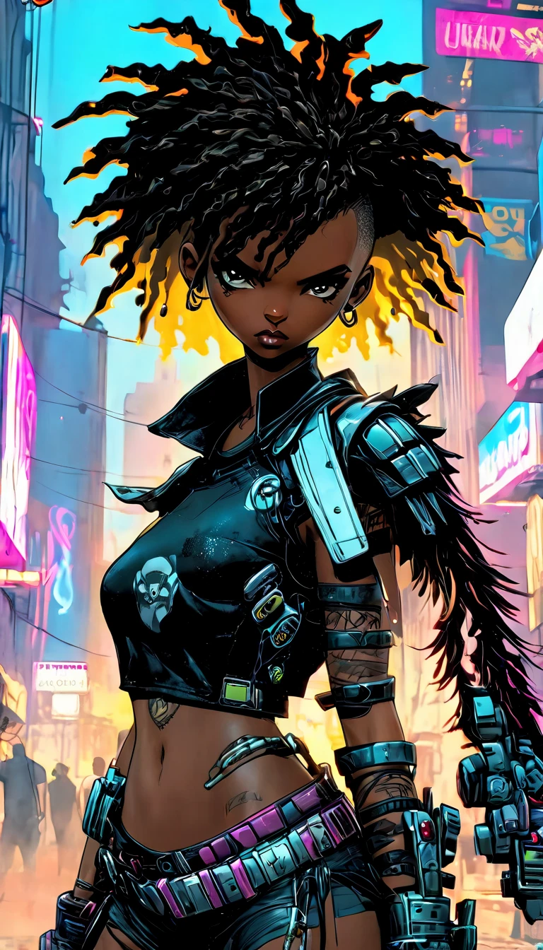 CG K Ultrarealistic ,((premium、8k、32K、masterpiece:1.3)), (superfine illustration)、(super high resolution), (((adult black skinned body))), (((1 ugandan black skinnedgirl in))), ((( short hair bob ))), ((25 years old cyberpunk gladiator with perfect body black leather jacket, with spikes:1.6)), Shoulder pads with metal spikes.., Gladiadores in kampala, (( short hair bob )), Torn rugby team t-shirt, Almost naked in the wild urban style of Simon Bisley, Short blonde hair, minimal clothing, Metallic protection on the left arm with complex graphics....., Dark red with white stars and blue and white stripes.., armor, full of spikes and rivets., poison tattoo (((Image from the knee up))), short white blonde hair, In the background、 There is a wall with an intricate design painted by Shepard Fairey.....negativeXL_D