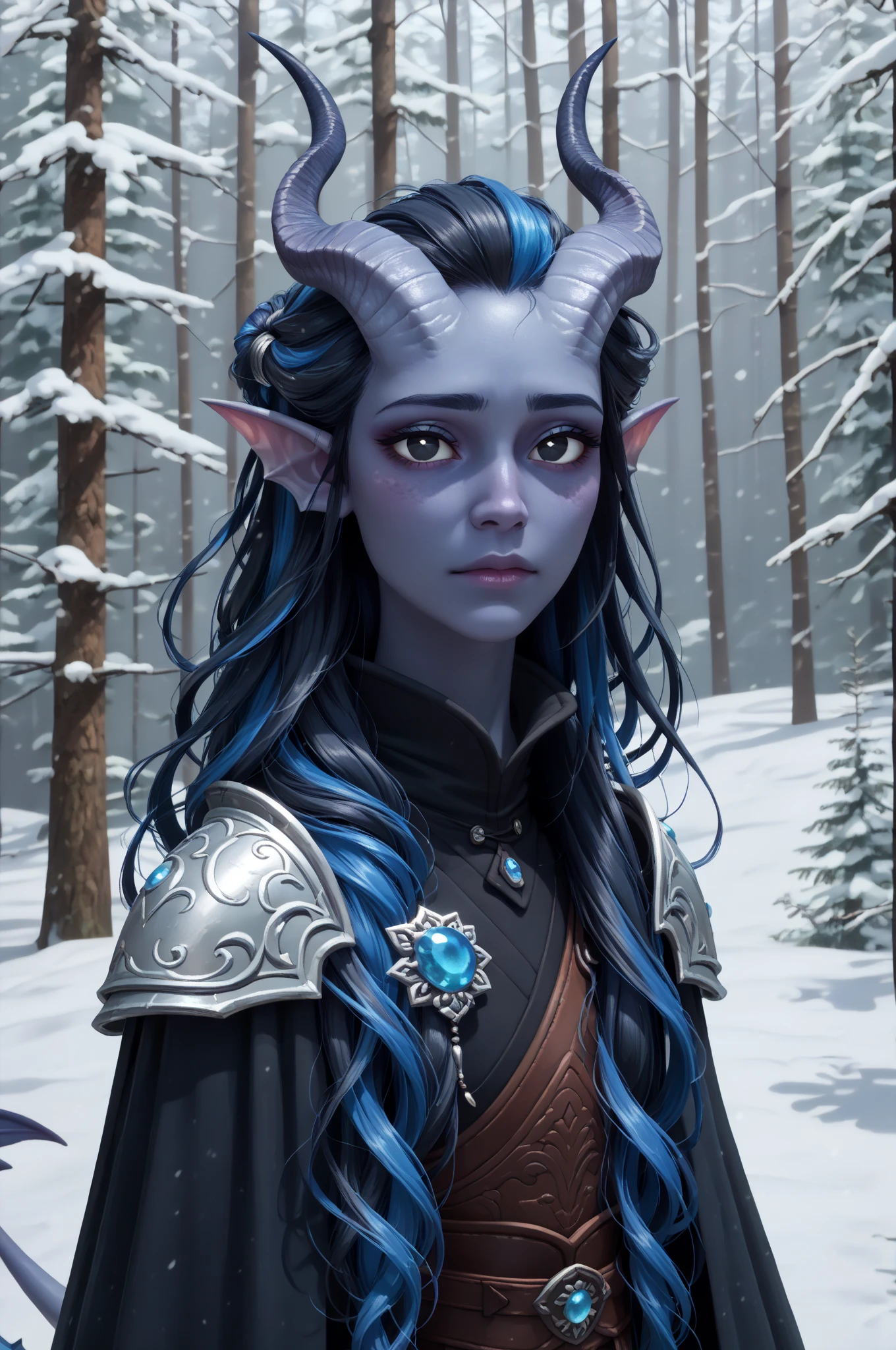 ( Snowy sprawling cedar ,  the winter cedar forest against the background of ), (1Тiefling ,  dark blue-gray skin :1.5), ( very thick long tiefling dragon tail :1.5), ( long black flowing hair with dark blue highlights:1.4), ( the bright blue-black pigmentation on the face :1.5), (blue-black freckles :1.2) , ( 2little fins on their heads :1.4), (bright blue-grey pupils,  Black eyes :1.4), ( blue-black pigmentation on the skin :1.5), ( dark grey straight short horns ), ( blue and black pigmentation on the tail :1.5),  girl  , (kind face), (на лице эмоции от нестерпимого coldа), (feels pain ), [curiosity ], (35 years old:1.5), (adult:1.2), (Deep look:1.3), (запорошена в  snow у:1.2) , ( light armor with a fur gate ), ( snow  на рогах и на голове:1.2), (chainmail), (you can see pigmentation on his shoulder ), (tail protection), ( hands pressed to her body :1.2), (трясётся от coldа:1.1), [ snowy winter ], (visible in full), ( stands in the middle of the deep winter forest :1.3), (очень coldно), (blizzard,  snow , cold) , ( with her back to the viewer :1.2), (looking over shoulder:1.6), ( top quality), ( masterpiece fails), ( highest detail ),  fantasy background, blue tones, Dark tones, dark shades,  muted colors, [winter light ].