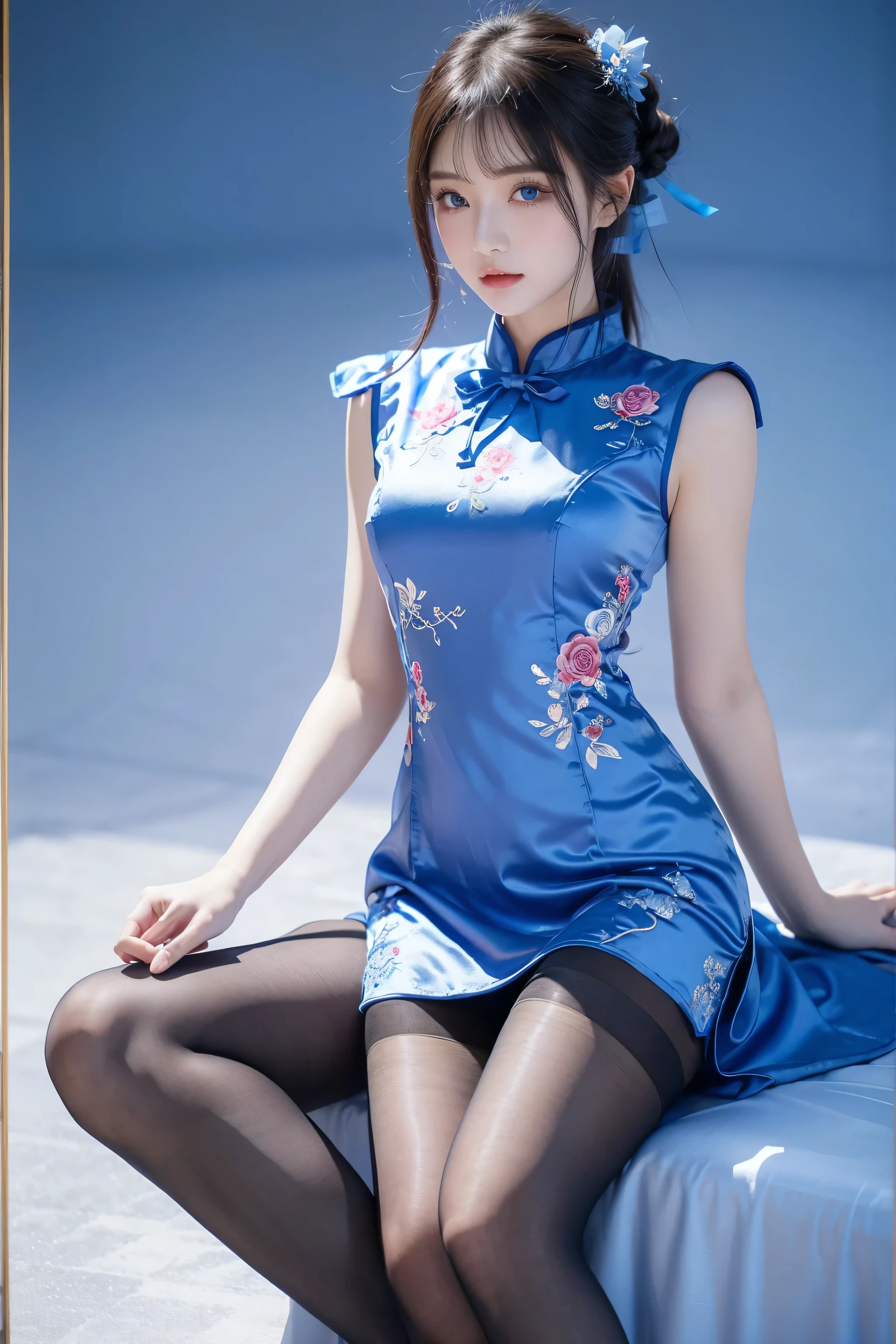 Cheongsam, 1 girl, blue bow, blue eyes, blue flowers, blue ribbon, blue rose, chest, Chinese clothing, Chinese clothing, dress, flower, gradient, gradient background, embroidered ball flower, looking at the audience, small chest, pantyhose, rose, single, thigh pantyhose