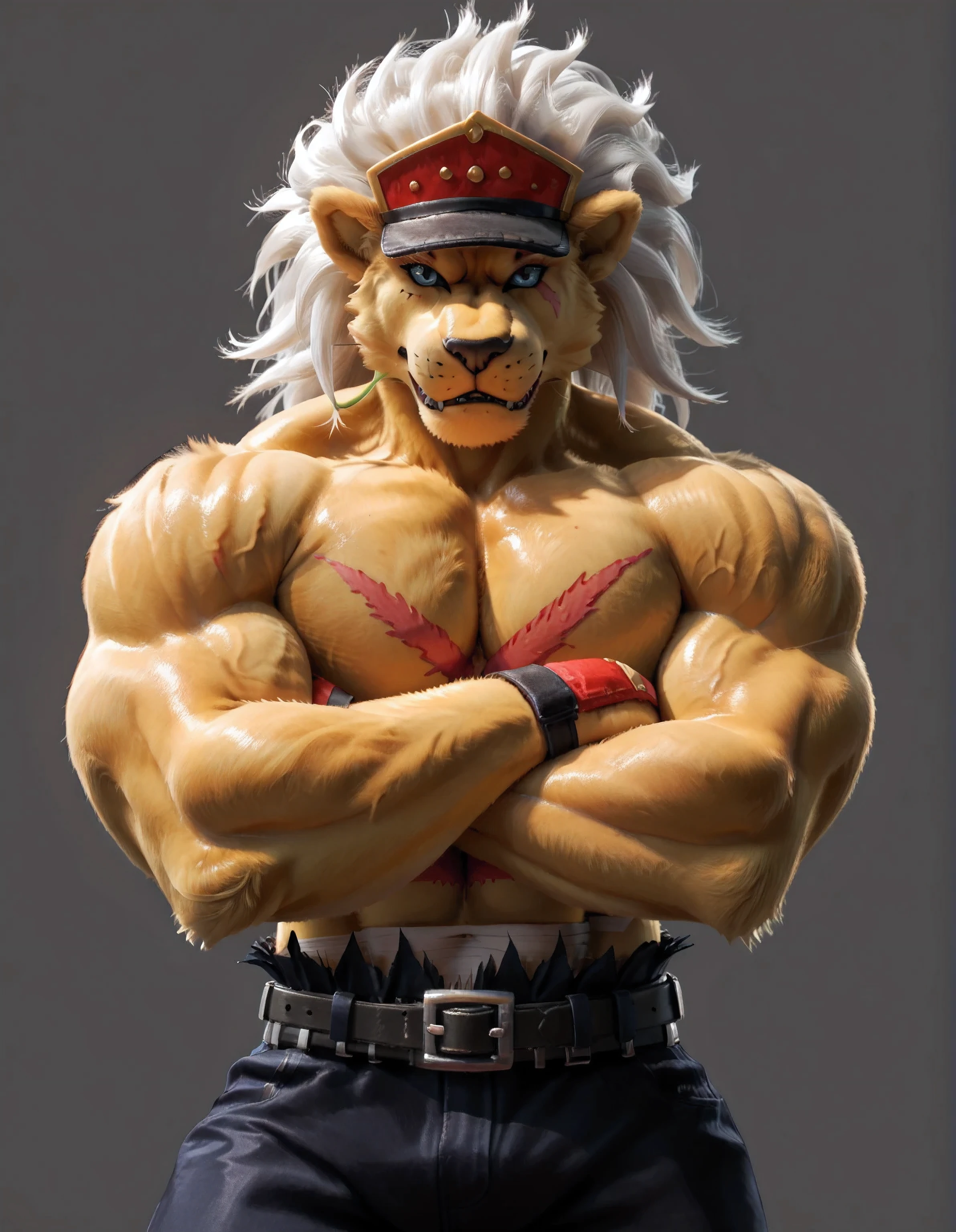 banchouleomon, scar on chest, simple background, detailed, half body, half view, above waist, very heavyweight, muscular, fur, furry body, very muscular, stern face, big head, ((front view, facing viewer)), looking at viewer, ((glistening body, shiny fur)), pants, belt, white lion's mane, ((arms crossed)), hat