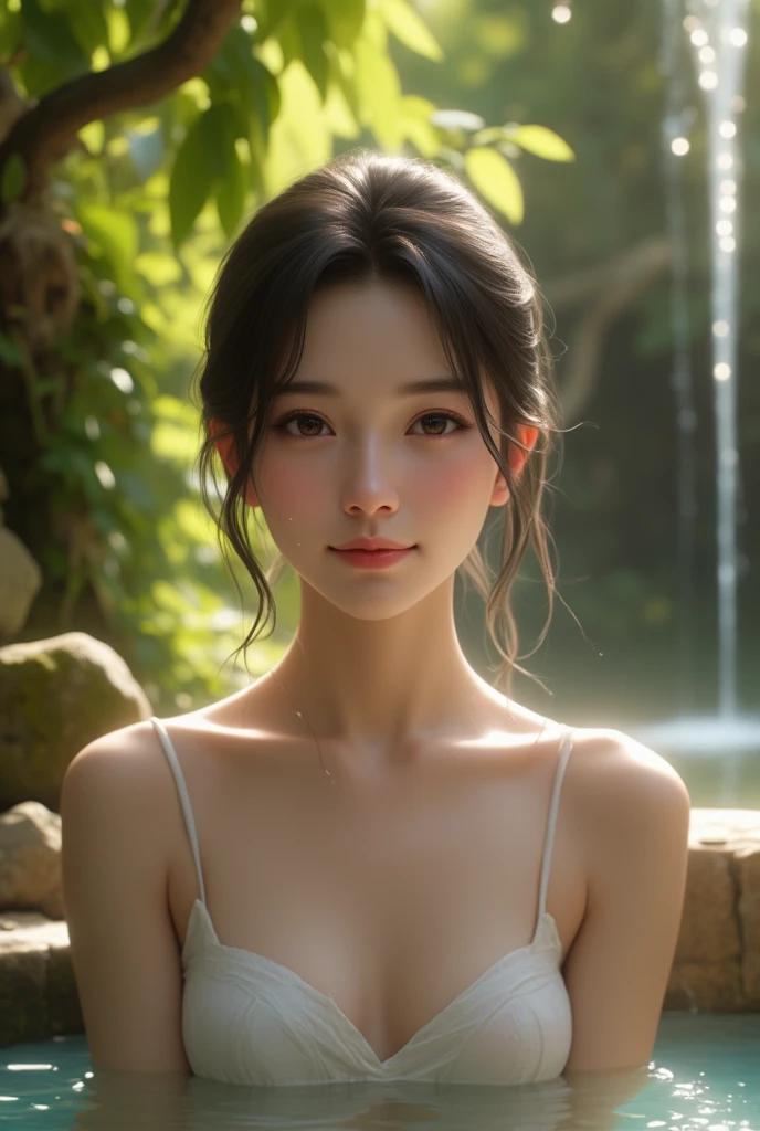high resolution)、(8k)、(Very detailed)、(Best Illustration)、(Beautiful and delicate eyes)、(top quality)、(Super detailed)、(Masterpiece)、(wallpaper)、(a delicate face)1 girl looking at the audience、a delicate face、bright sunshine、deep shadow、low profile、purebred face_v1、a smile、Pixie cut、women's shirts、46 points oblique bangs、long brown hair、good body shape