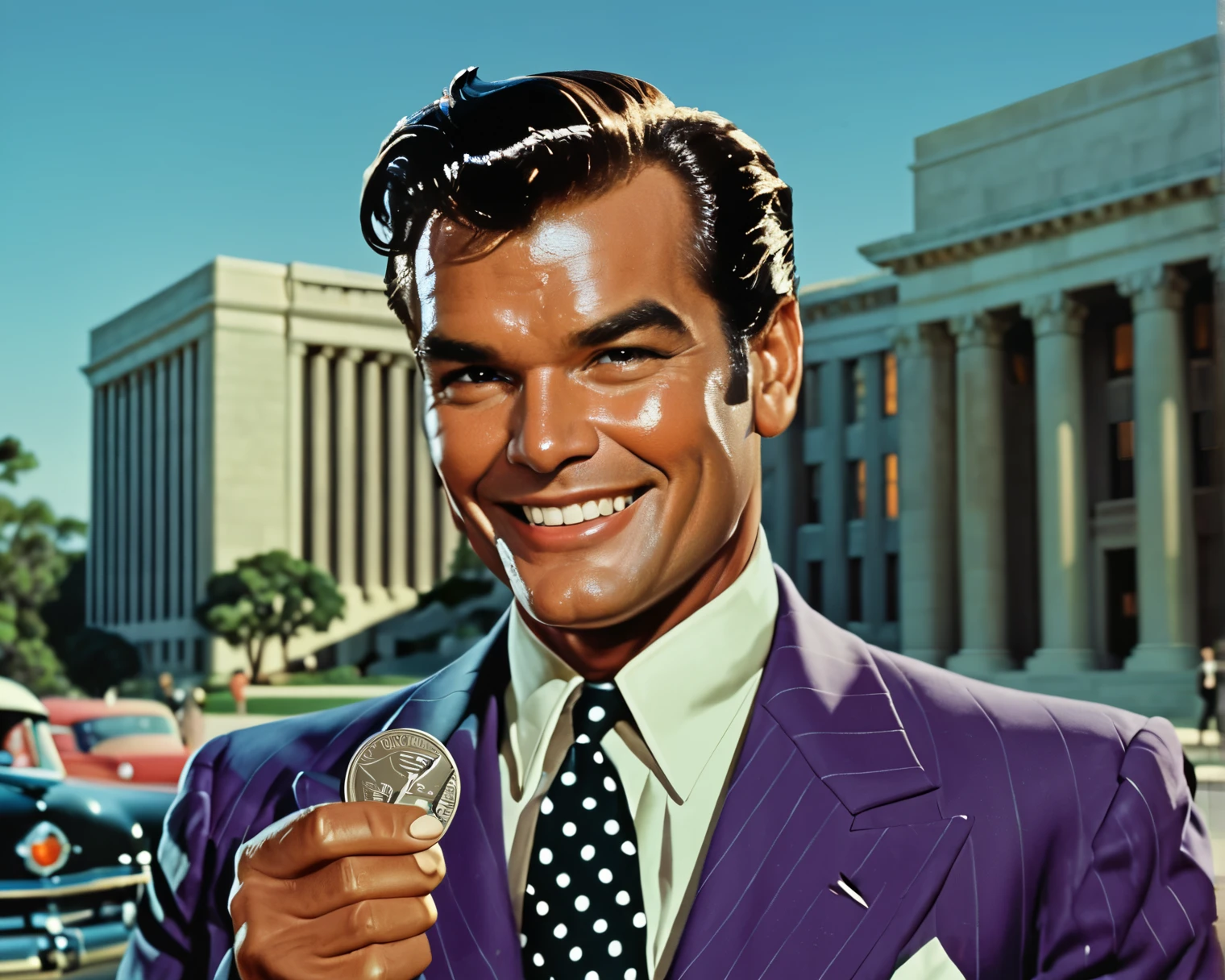 harvey dent, two-face,styled in a 1950s aesthetic, realistic,smile evil,perfect smile, holding a tiny coin in his hand, courthouse background, black hair, jack nicholson face