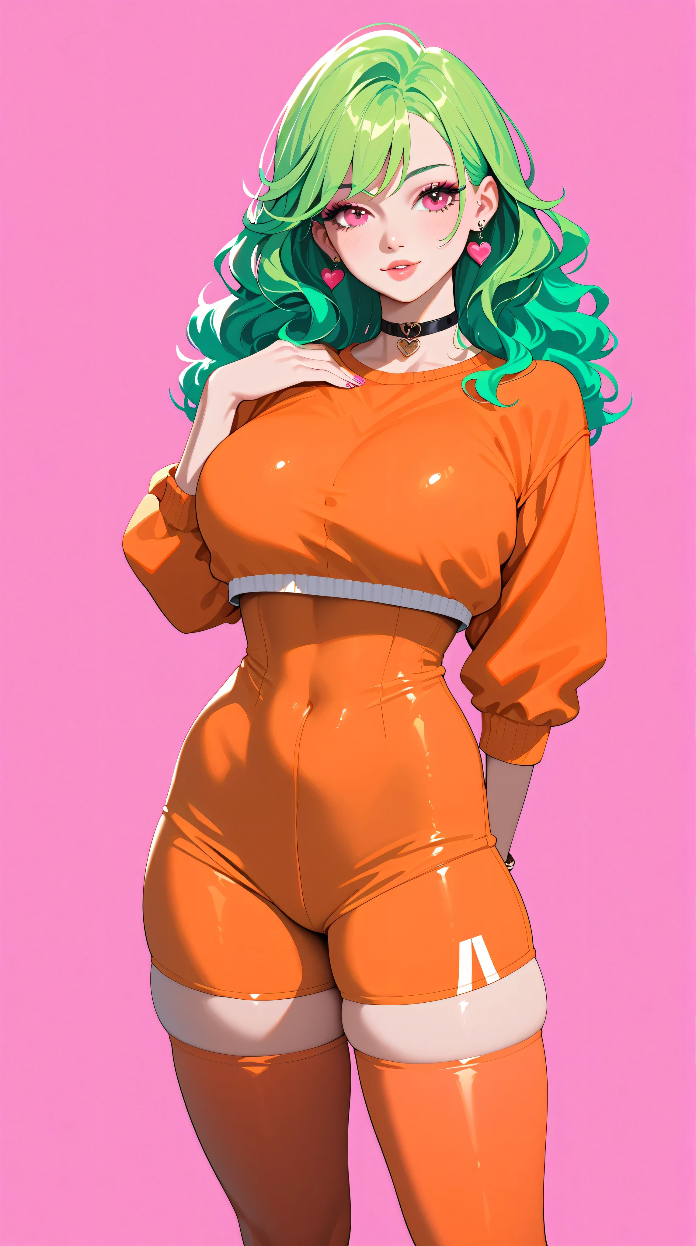 tight neon pink and orange clothes, short clothes, busty, slender, thigh highs, big breasts, cleavage, seductive, Best Quality, masterpiece, thick thighs, Alone, neon green hair, long flowing hair, no background, pink background,