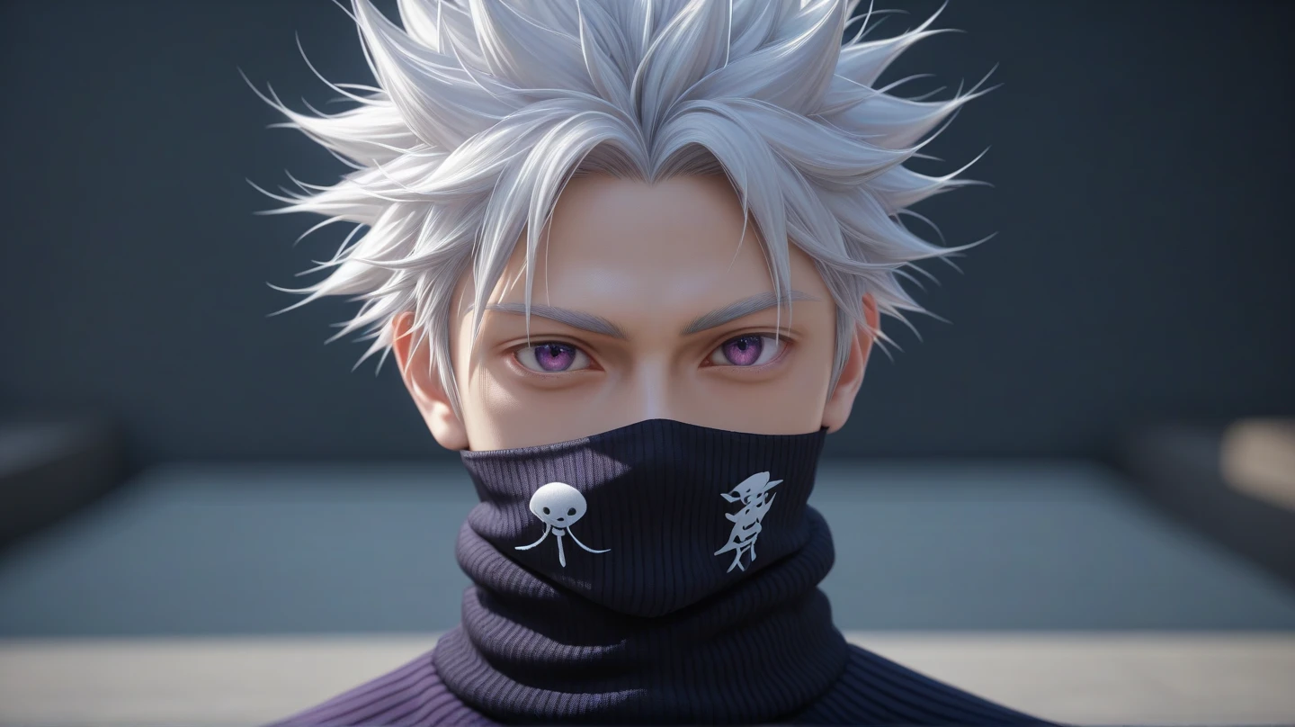 masterpiece, best quality, , , , looking at viewer, depth of field, 1boy, solo, male focus, toge_inumaki, white hair, purple eyes, spiked hair, covered mouth, parted bangs, turtleneck, high collar, gakuran, , Denim bermuda shorts, Terry cloth Digital print Turtleneck sweater, 