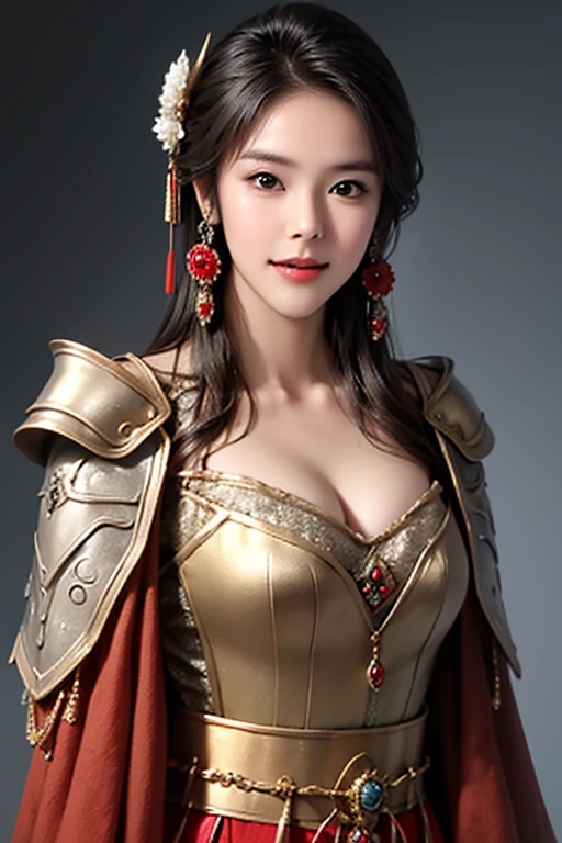 ((The upper body of a female warrior wearing gold and red armor and a cloak:1.4)),1 person,  black hair,  belly shortcut   ,Big breasts and cleavage,  high-definition face and skin texture  ,  staring at the camera,   Chinese Warrior:1.2,  perfect beauty: 1.4, fine grain,  double eyelids in a judo suit ,  whitening for women with bristles, top quality ,  super high res ,  simple background，Symmetrical Normal Eyes   , hair accessories, Slim Waist ,