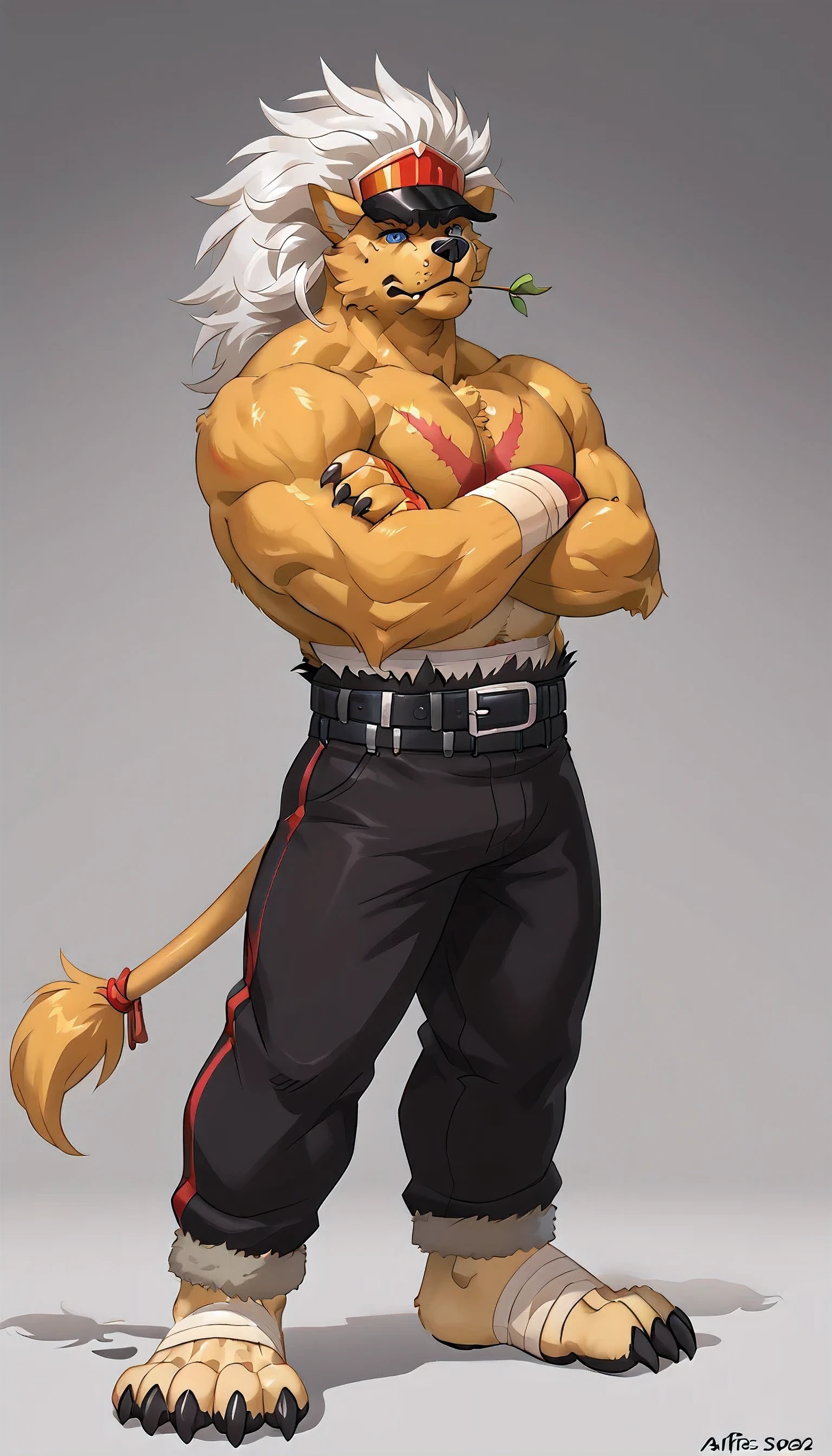 banchouleomon, large scar on chest, small stick with a leaf in mouth, simple background, detailed, full body, ((very heavyweight, muscular)), fur, furry body, very muscular, stern face, muscular legs, bare feet, big head, ((glistening body, shiny fur)), wide stance, ((arms crossed)), pants, belt, ((cel shaded, flat colors)), by wfa, soraawolf style