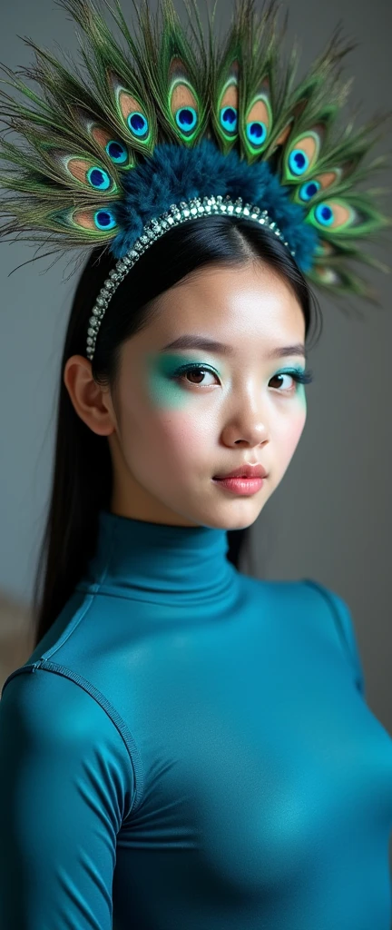 The beautiful Chinese asian adult girl with beautiful cheeks wears peacock lycra turtleneck unitard catsuit covered with scales and peacock lycra elastane stretchy dancewear inner hijab-like hood covered with scales.She is happy.She always put fake peacock eyeshadow makeup that are made of marker pen.She acts a peacock.