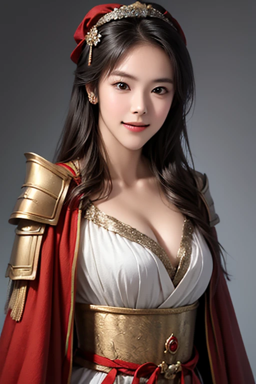 ((The upper body of a female warrior wearing gold and red armor and a cloak:1.4)),1 person,  black hair,  belly shortcut   ,Big breasts and cleavage,  high-definition face and skin texture  ,  staring at the camera,   Chinese Warrior:1.2,  perfect beauty: 1.4, fine grain,  double eyelids in a judo suit ,  whitening for women with bristles, top quality ,  super high res ,  simple background，Symmetrical Normal Eyes   , hair accessories, Slim Waist ,