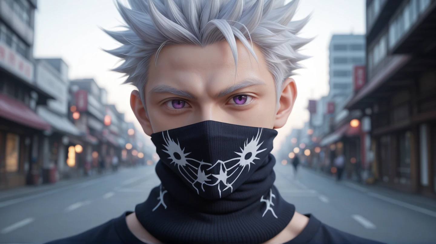 masterpiece, best quality, , , , looking at viewer, depth of field, 1boy, solo, male focus, toge_inumaki, white hair, purple eyes, spiked hair, covered mouth, parted bangs, turtleneck, high collar, gakuran, , Denim bermuda shorts, Terry cloth Digital print Turtleneck sweater, 