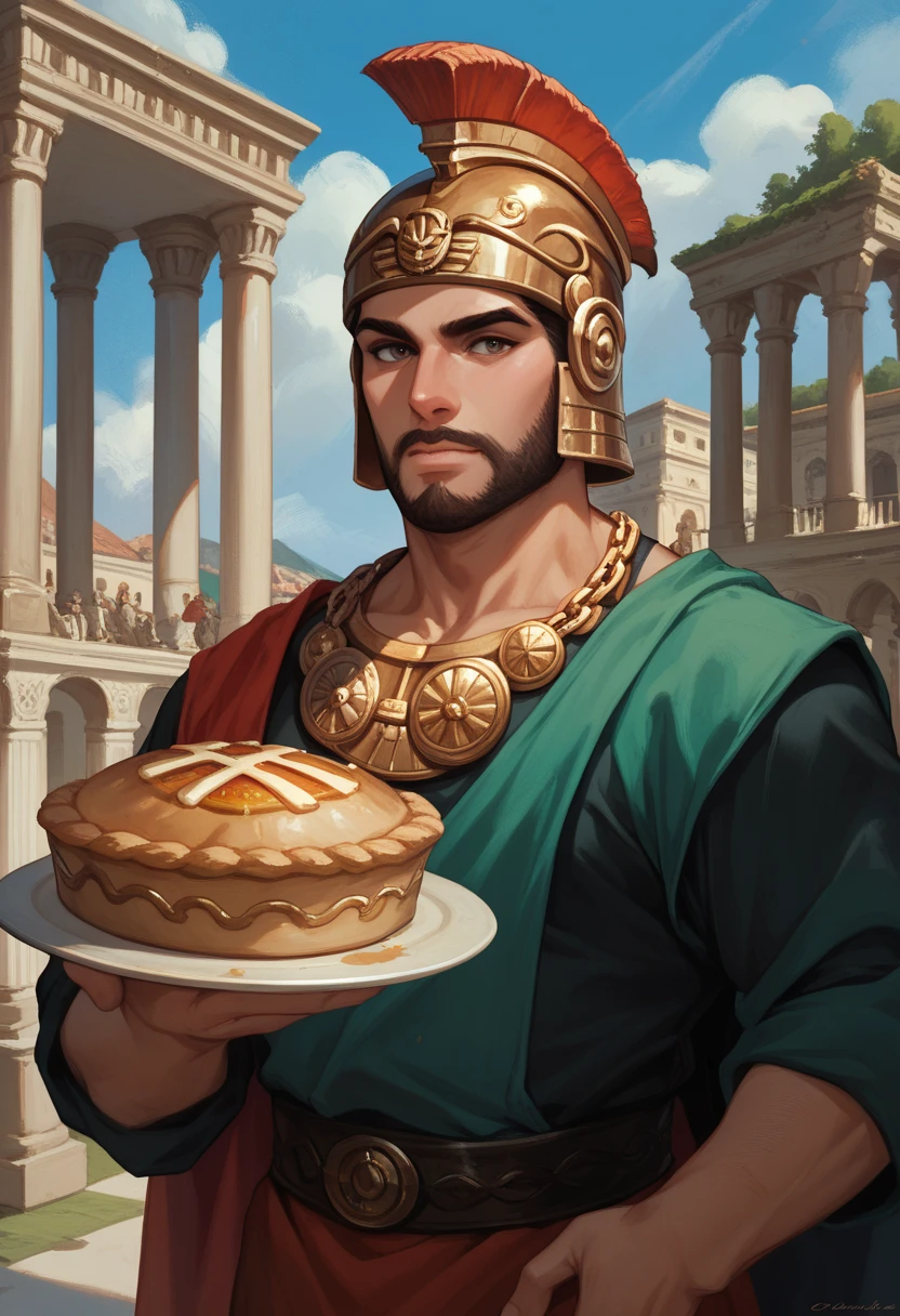 ancient greek style painting of an ancient greek hero, dressed like a greek hero (achilles) wearing a Corinthian helmet quickly cooking a pie in a rush