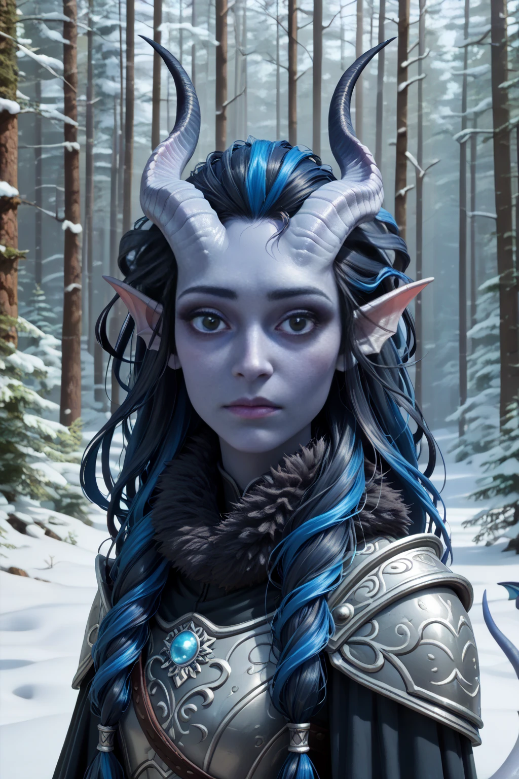 ( Snowy sprawling cedar ,  the winter cedar forest against the background of ), (1Тiefling ,  dark blue-gray skin :1.5), ( very thick long tiefling dragon tail :1.5), ( long black flowing hair with dark blue highlights:1.4), ( the bright blue-black pigmentation on the face :1.5), (blue-black freckles :1.2) , ( 2little fins on their heads :1.4), (bright blue-grey pupils,  Black eyes :1.4), ( blue-black pigmentation on the skin :1.5), ( dark grey straight short horns ), ( blue and black pigmentation on the tail :1.5),  girl  , (kind face), (на лице эмоции от нестерпимого coldа), (feels pain ), [curiosity ], (35 years old:1.5), (adult:1.2), (Deep look:1.3), (запорошена в  snow у:1.2) , (покрыта  snow ом), ( frost on eyelashes ), ( fur collar armor), ( fur armor ), ( snow  на рогах и на голове:1.2), (chainmail), (you can see pigmentation on his shoulder ), (tail protection), ( hands pressed to her body :1.2), (трясётся от coldа:1.1), [ snowy winter ], (visible in full), ( stands in the middle of the deep winter forest :1.3), (очень coldно), (blizzard,  snow , cold) , ( with her back to the viewer :1.2), (looking over shoulder:1.6), ( top quality), ( masterpiece fails), ( highest detail ),  fantasy background, blue tones, Dark tones, dark shades,  muted colors, [winter light ].