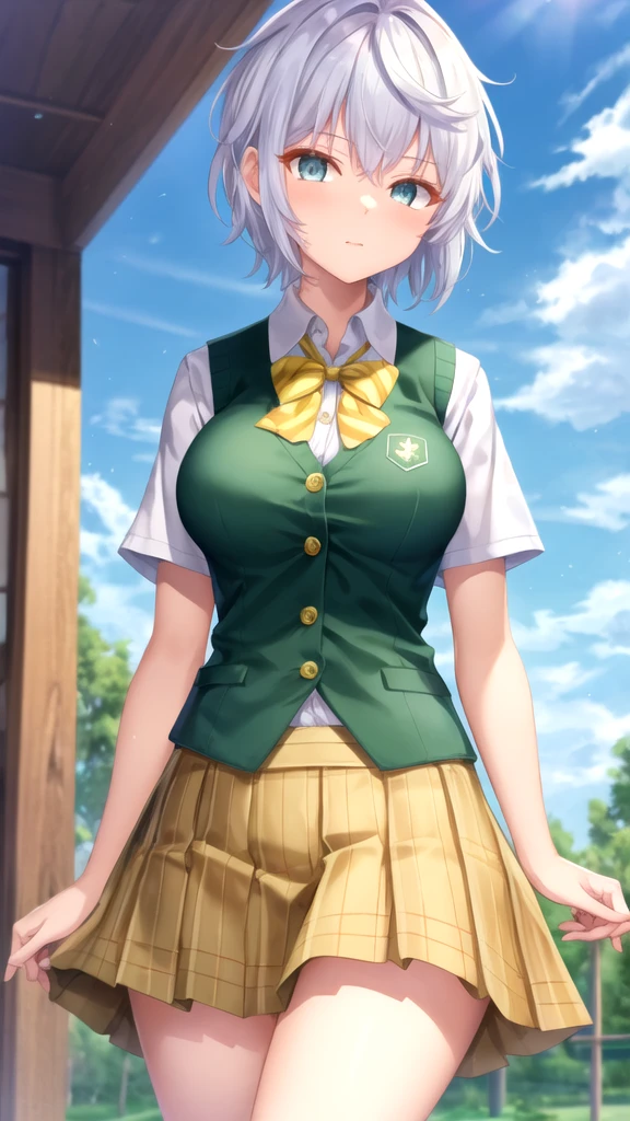 masterpiece, best quality, girl, solo, looking at viewer, lugh_tuatha_de, white hair, grey eyes, large breasts, school uniform, green bowtie, white shirt, short sleeves, sweater vest, yellow vest, plaid skirt, green skirt, standing, cowboy shot, outdoors