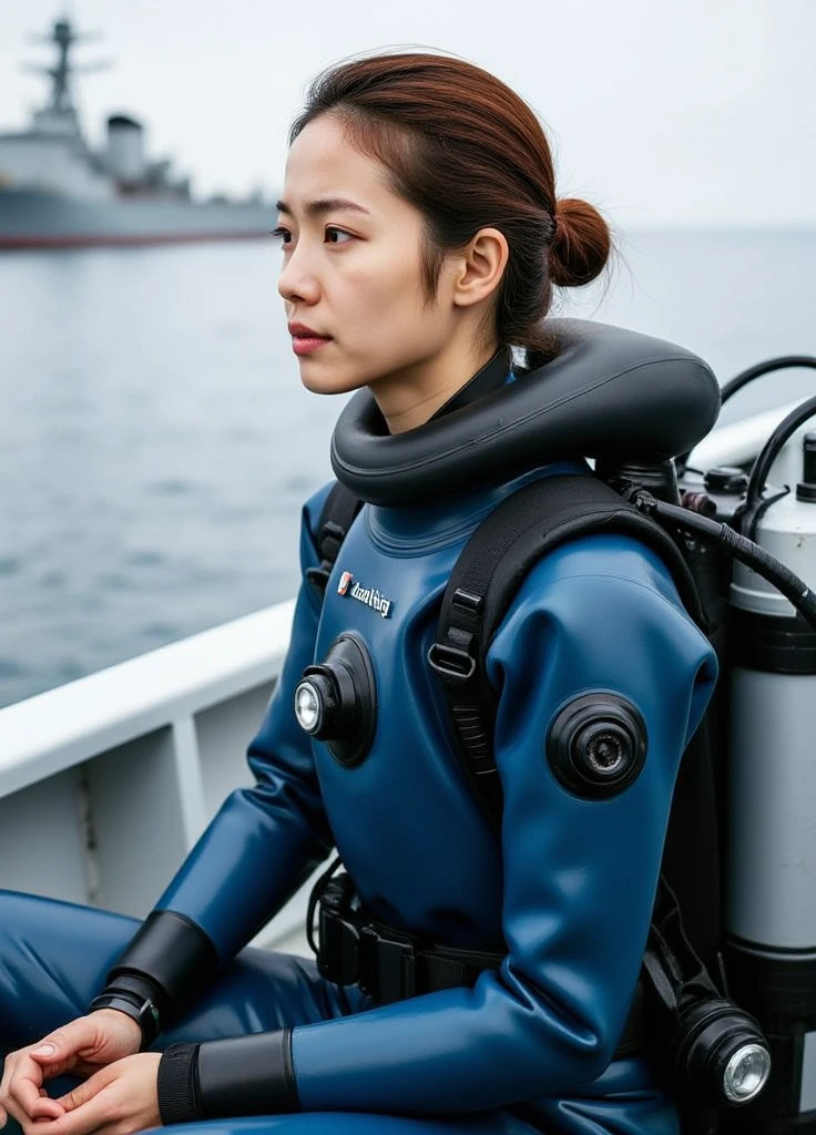 A documentary photo, Photo-realistic, ultra-realistic, (Japanese beautiful young woman, famous Japanese idol, boyish cool face:1.3, profile:1.3), wetlook rubberish blue clothes,, she is a military diver of Japan navy, experienced military diver, wearing a professional wetsuits for military diver with professional scuba equipment, She is on a shlre, She is preparing to scuba dive for a lifesaving mission, there is a large battle ship behind her,, Natural Makeup, boyish face ,Front View:1.21, Perfect Anatomy:1.21, Small head:1.21, Slender body:1.37, Narrow waist:1.5, Thin limbs:1.5, Flat Chest:1.5, Anatomically correct limbs, Diving Suits drysuits (high smooth turtleneck collar), Fully equipped for diving, Very cute Japanese woman, Brown Hair, Chignon Hair, woman holds oval scuba mask, Calm sea in qinter, Dynamic and emotional movie lighting, 