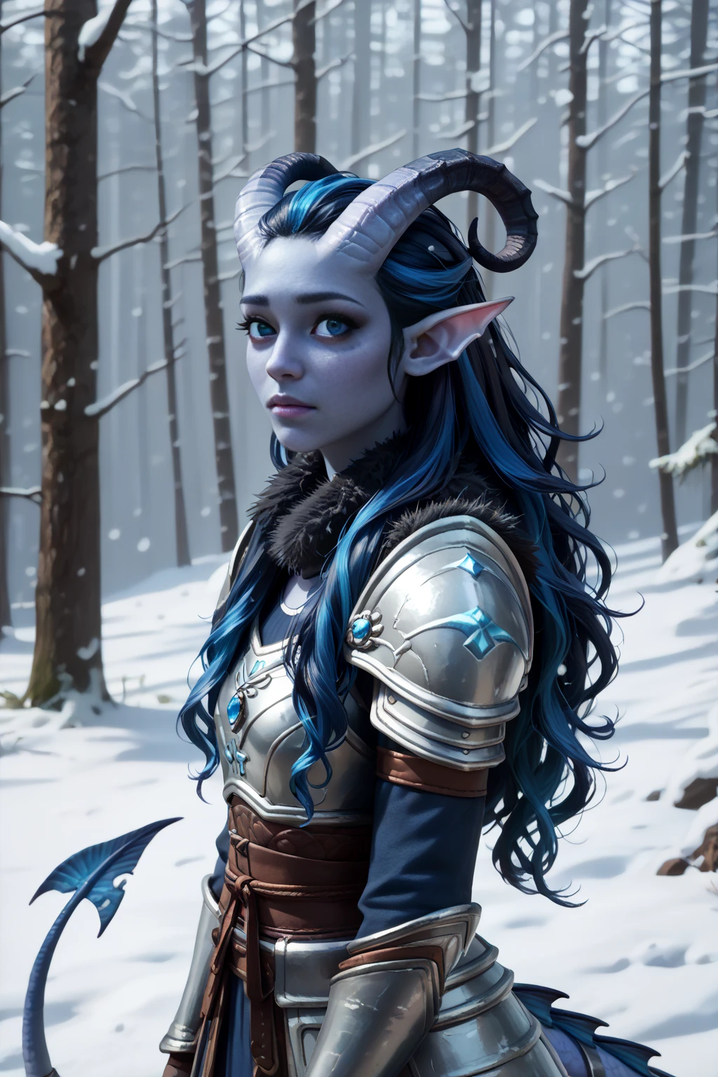 ( Snowy sprawling cedar ,  the winter cedar forest against the background of ), (1Тiefling ,  dark blue-gray skin :1.5), ( very thick long tiefling dragon tail :1.5), ( long black flowing hair with dark blue highlights:1.4), ( the bright blue-black pigmentation on the face :1.5), (blue-black freckles :1.2) , ( 2little fins on their heads :1.4), (bright blue-grey pupils,  Black eyes :1.4), ( blue-black pigmentation on the skin :1.5), ( dark grey straight short horns ), ( blue and black pigmentation on the tail :1.5),  girl  , (kind face), (на лице эмоции от нестерпимого coldа), (feels pain ), [curiosity ], (35 years old:1.5), (adult:1.2), (Deep look:1.3), (запорошена в  snow у:1.2) , (покрыта  snow ом), ( frost on eyelashes ), ( fur collar armor), ( fur armor ), ( snow  на рогах и на голове:1.2), (chainmail), (you can see pigmentation on his shoulder ), (tail protection), ( hands pressed to her body :1.2), (трясётся от coldа:1.1), [ snowy winter ], (visible in full), ( stands in the middle of the deep winter forest :1.3), (очень coldно), (blizzard,  snow , cold) , ( with her back to the viewer :1.2), (looking over shoulder:1.6), ( top quality), ( masterpiece fails), ( highest detail ),  fantasy background, blue tones, Dark tones, dark shades,  muted colors, [winter light ].