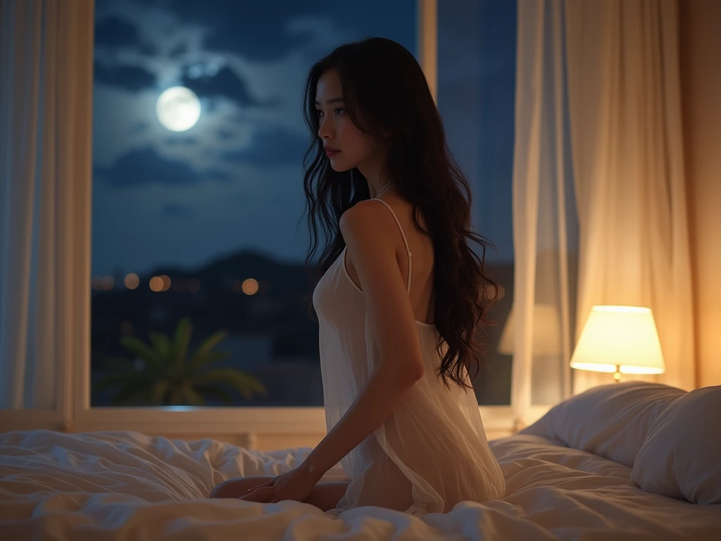 A young girl,on bedroom,Lie down in bed,Winter night view of the city outside the window,The girl wore white stockings,And light blue cute lingerie,Only panties are worn。Warm lights illuminate the interior。The photographic lens is one meter away,close-up on legs